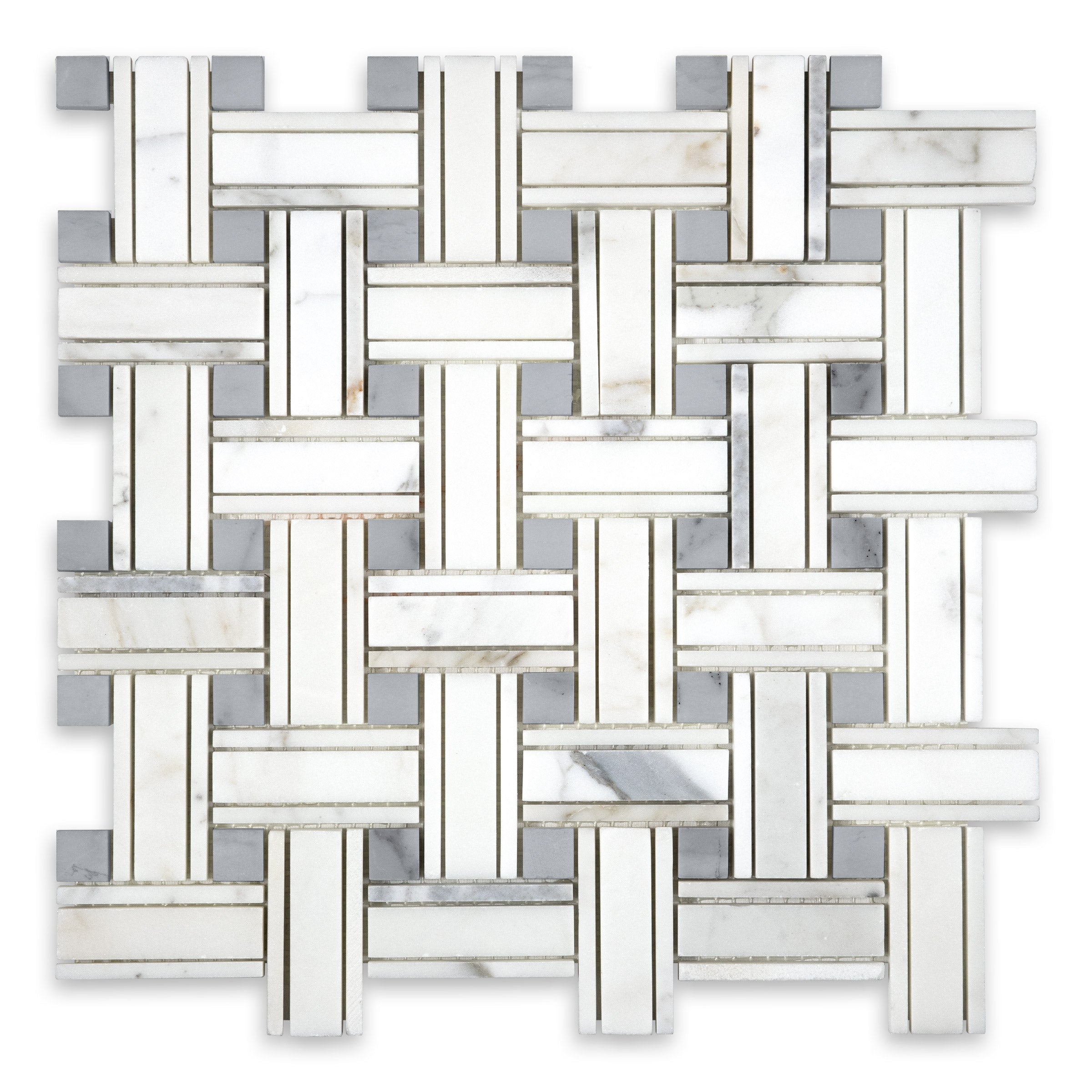 CALACATTA GOLD: Tripleweave Blue Dot Basketweave Mosaic (10 3/4"×10 3/4"×3/8" | honed)