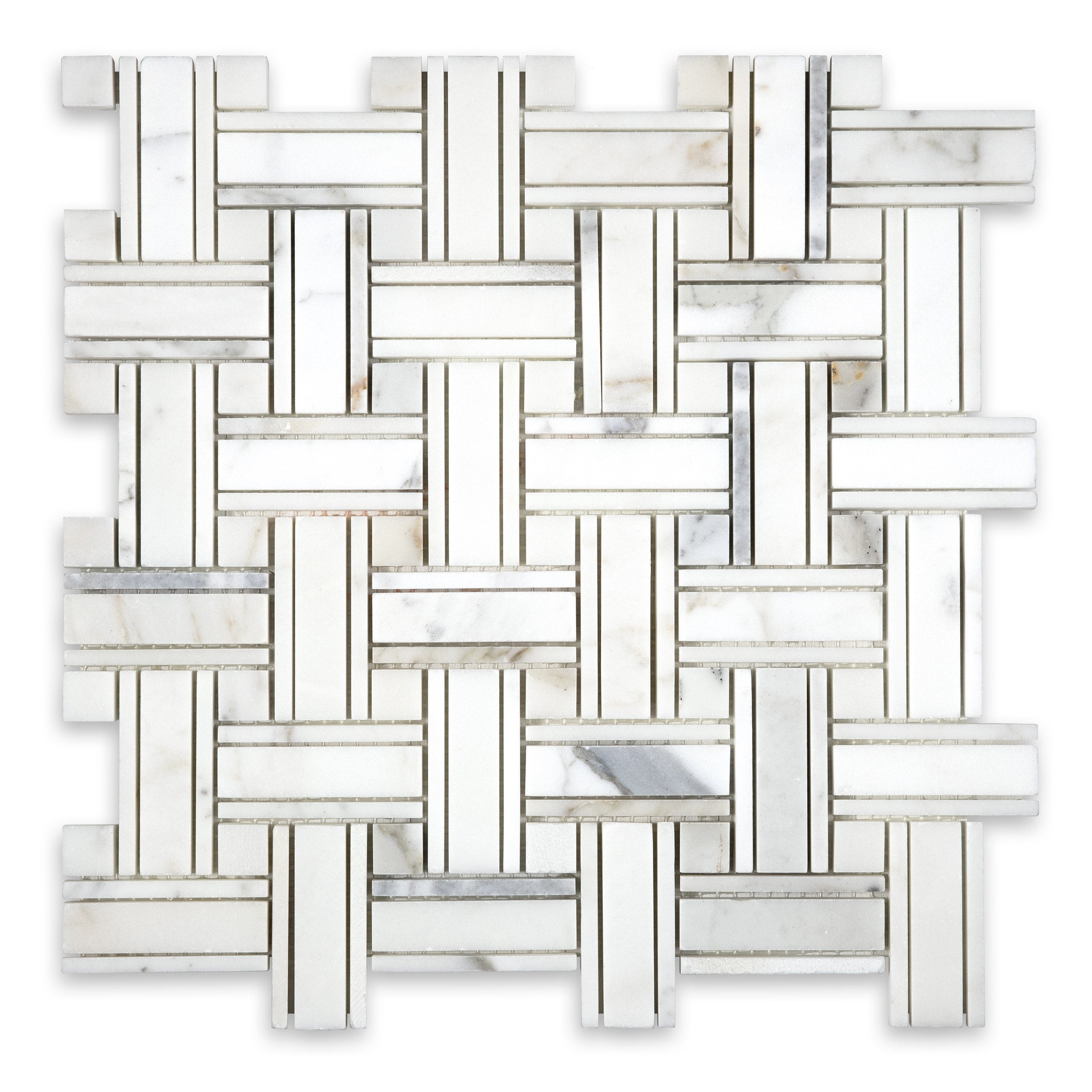 CALACATTA GOLD: Tripleweave Calacatta Dot Basketweave Mosaic (10 3/4"×10 3/4"×3/8" | honed)