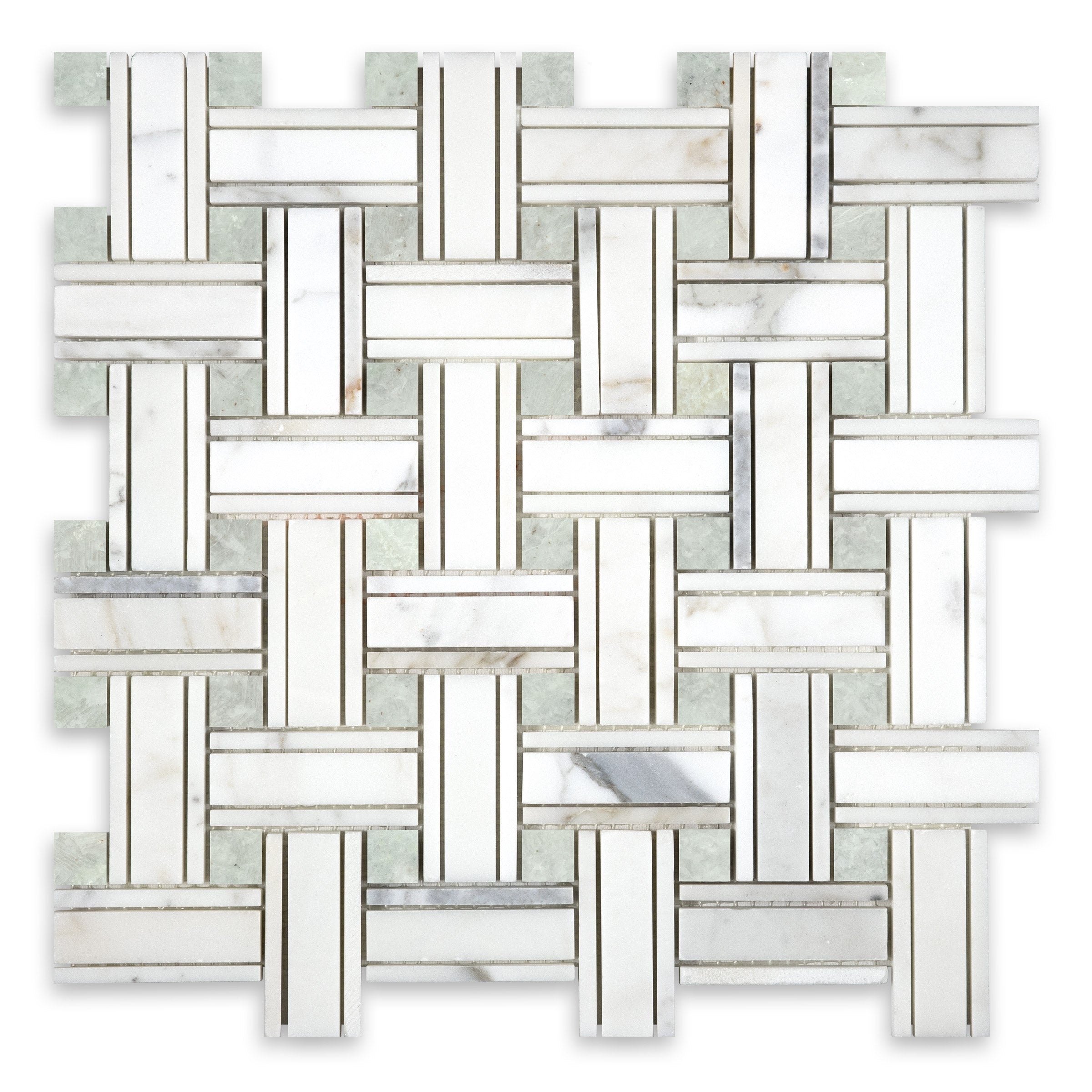 CALACATTA GOLD: Tripleweave Green Dot Basketweave Mosaic (10 3/4"×10 3/4"×3/8" | honed)