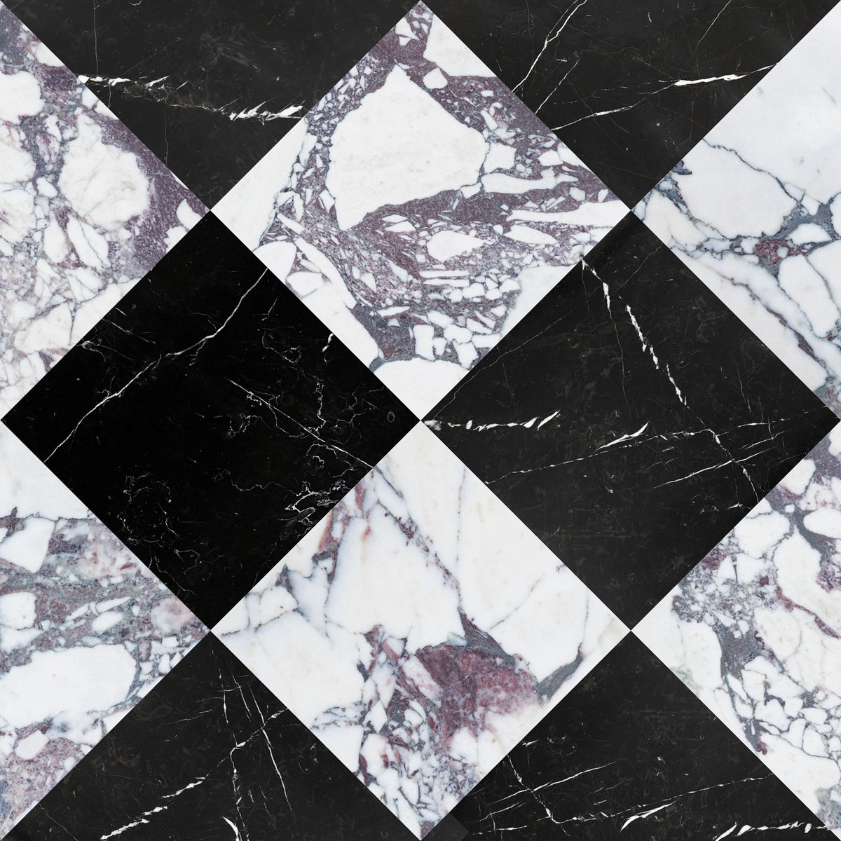 Nsr Calacatta Viola & Negro Marquina Checkerboard tile pattern swatch — available at Surface Group