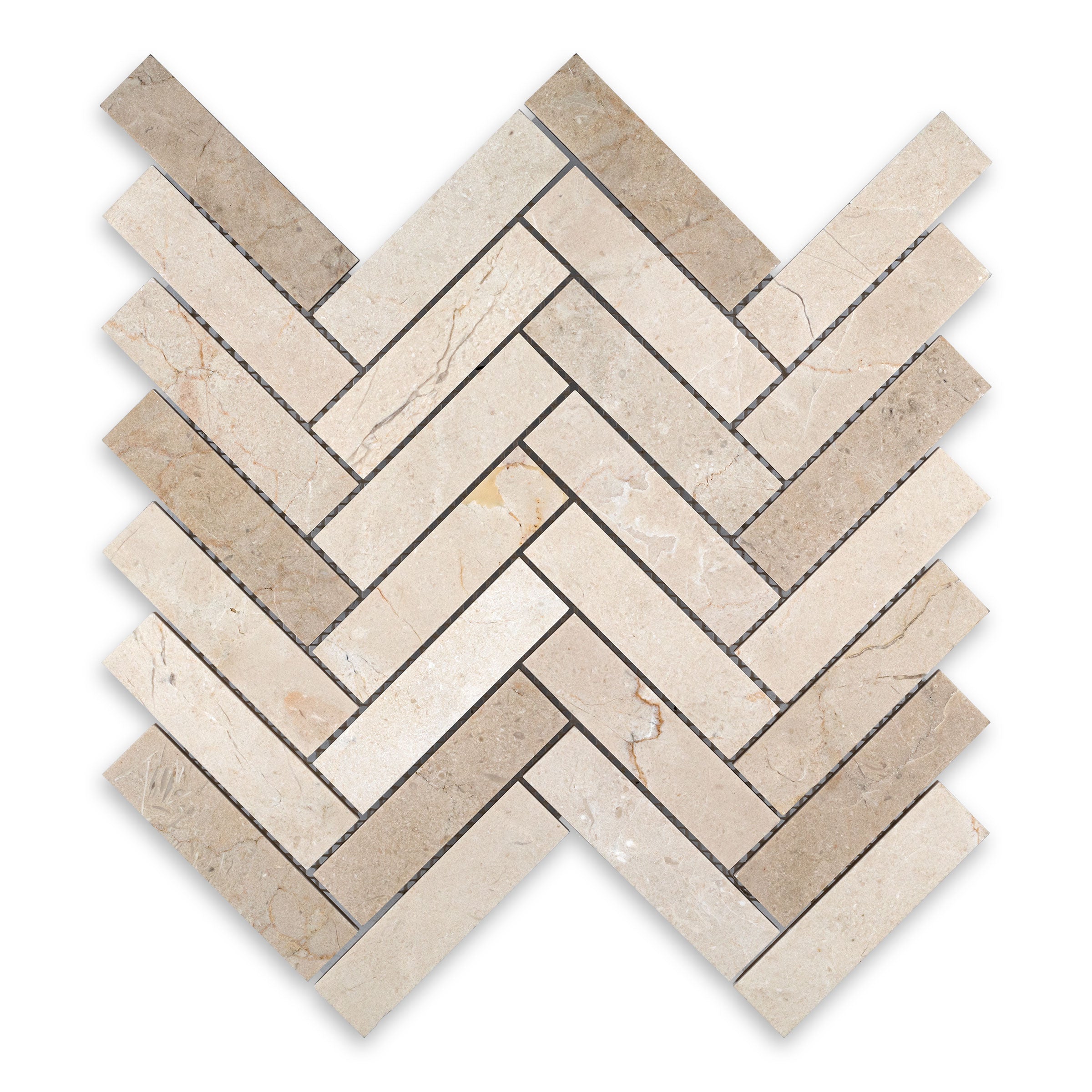 CREMA MARFIL: 1" x 4" Herringbone Mosaic (10 1/2"×11 1/4"×3/8" | polished)