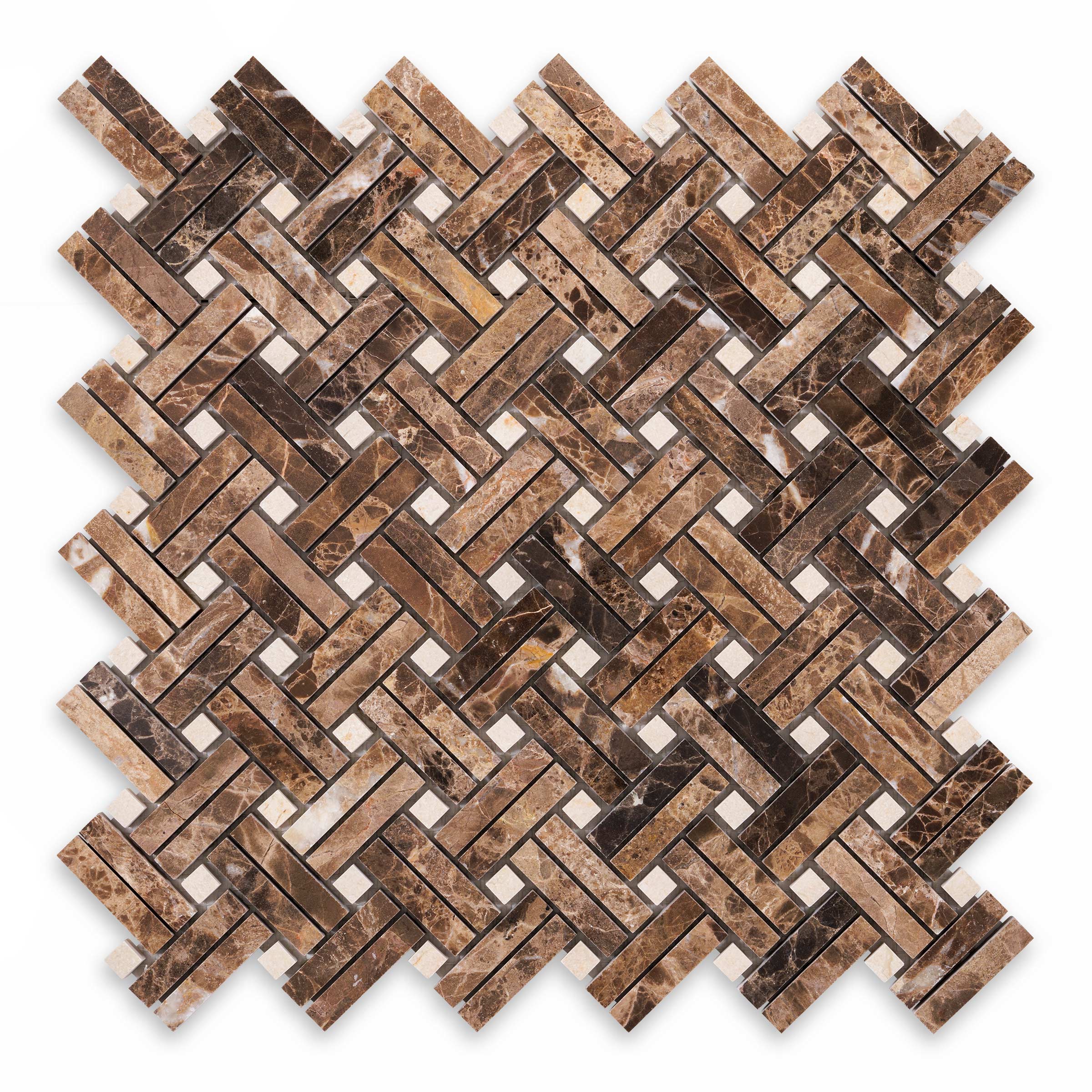EMPERADOR DARK: Stanza Marfil Dot Basketweave Mosaic (12 1/8"×12 1/8"×3/8" | polished)