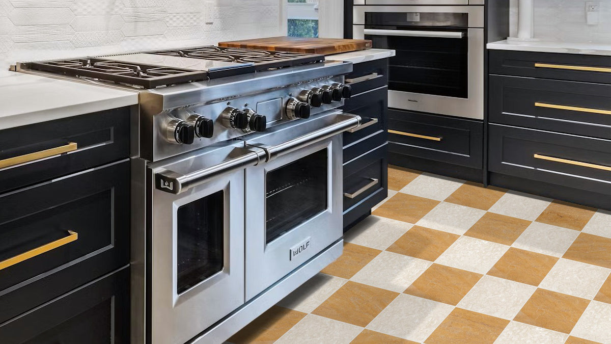 Nsr Giallo Reale & Botticino Fiorito Checkerboard tile in a room setting — available at Surface Group