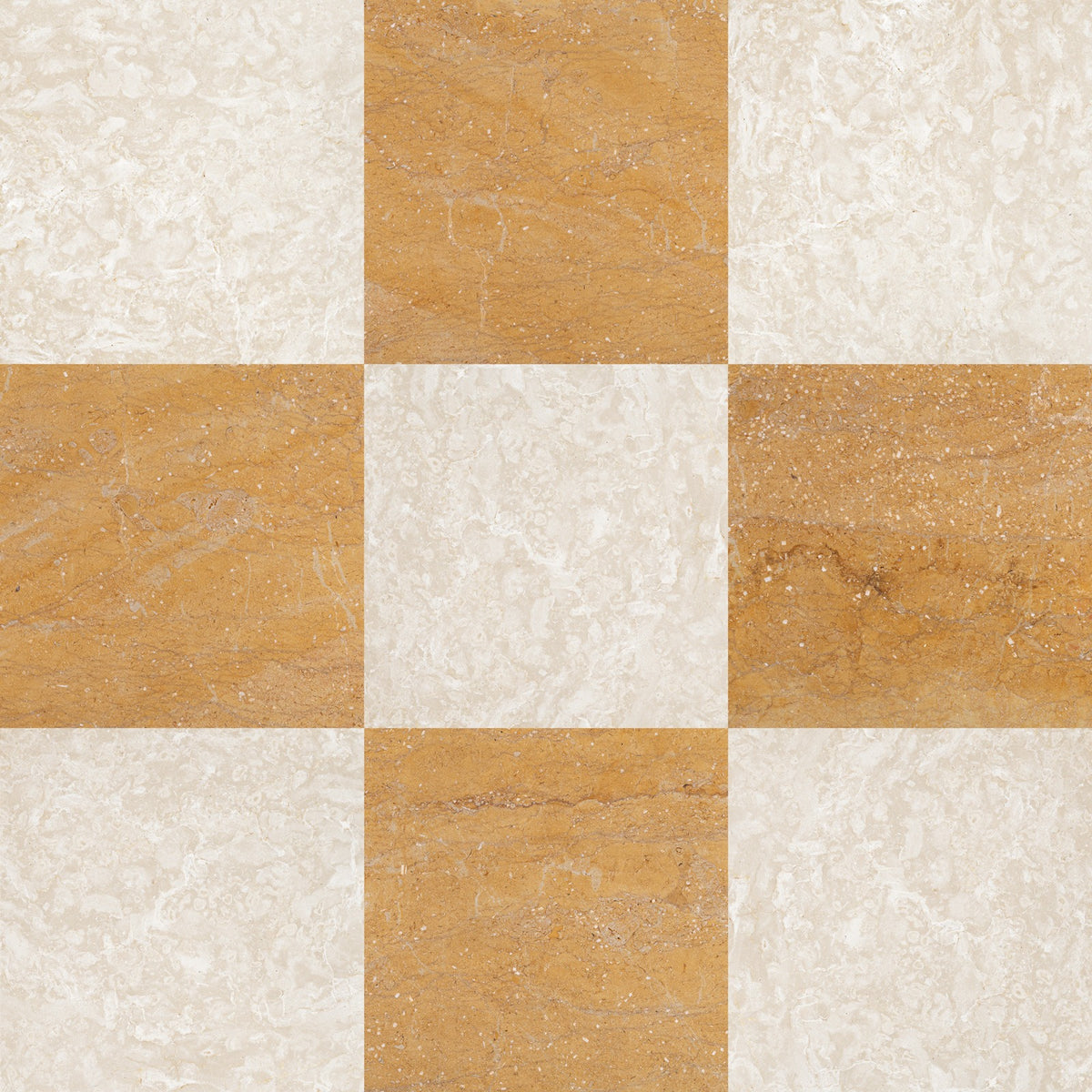Nsr Giallo Reale & Botticino Fiorito Checkerboard tile pattern swatch — available at Surface Group