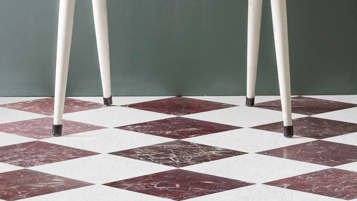Nsr Giallo Reale & Botticino Fiorito Checkerboard tile pattern swatch — available at Surface Group