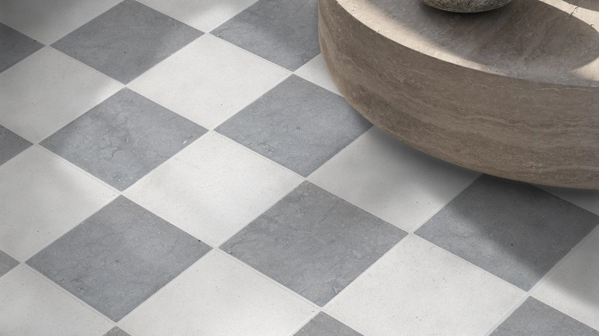 Nsr Lagos Blue & Porto Beige Checkerboard tile in a room setting — available at Surface Group