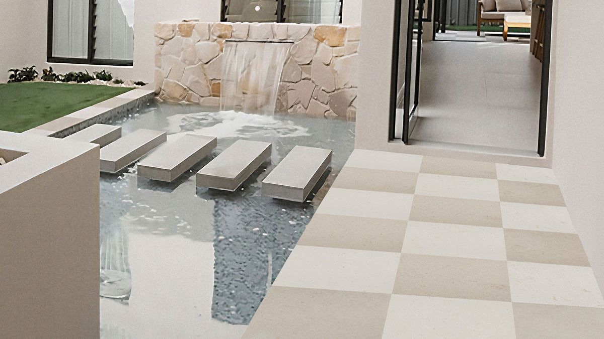 Nsr Lymra & Porto Beige Checkerboard tile in a room setting — available at Surface Group