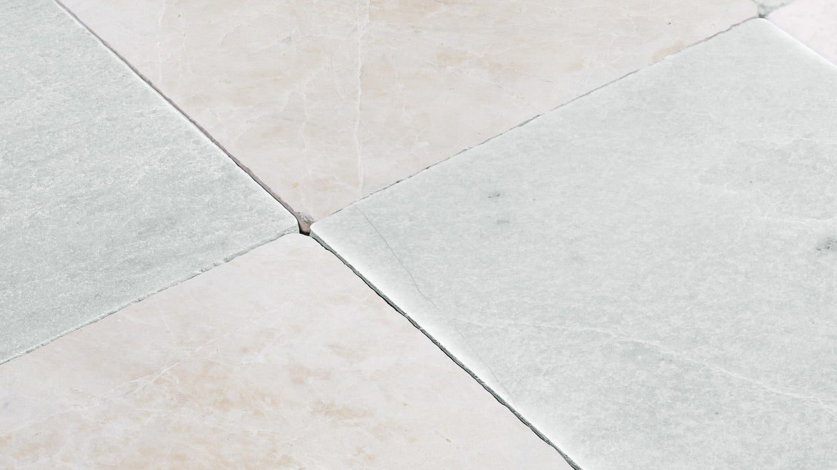 Nsr Ming Green & Botticino Turkish Checkerboard tile pattern swatch — available at Surface Group