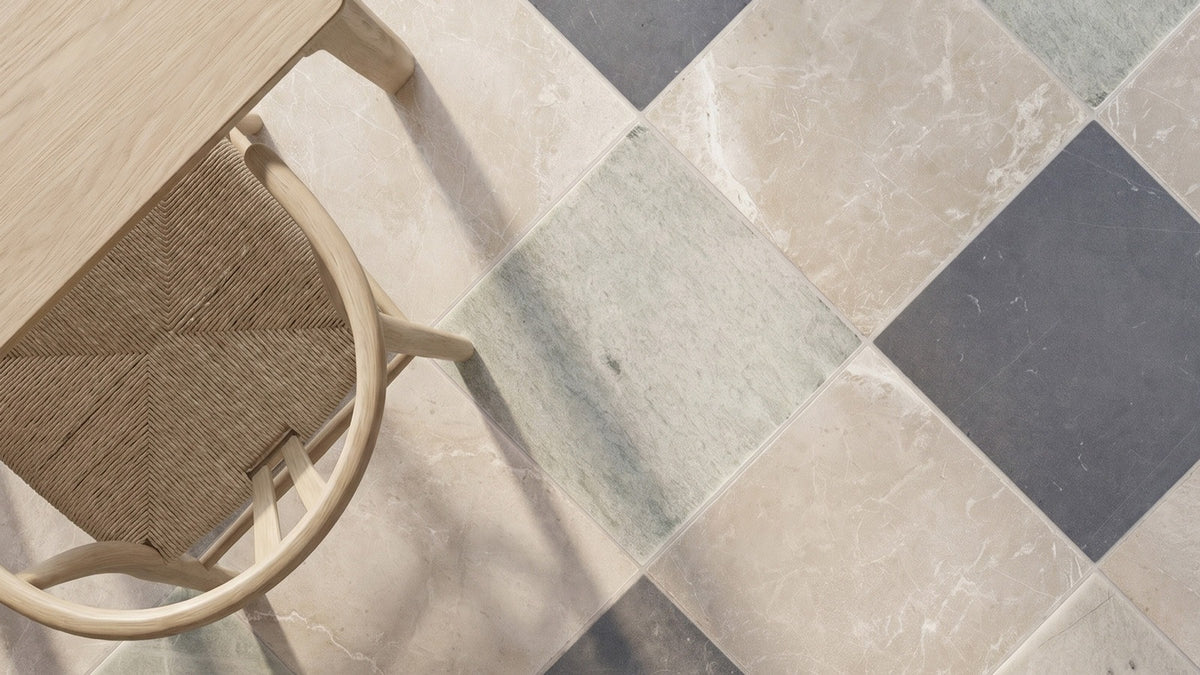 Nsr Ming Green, Negro Marquina & Botticino Turkish Checkerboard tile pattern swatch — available at Surface Group