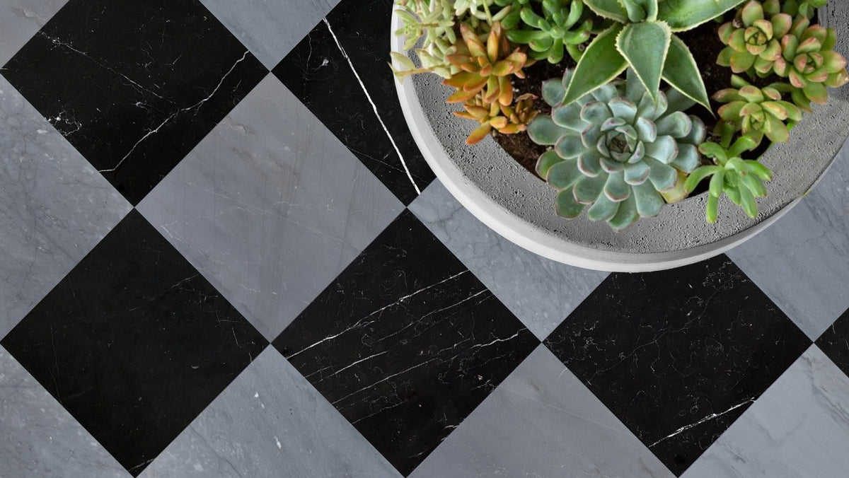 Nsr Negro Marquina & Bardiglio Imperiale Checkerboard tile pattern swatch — available at Surface Group