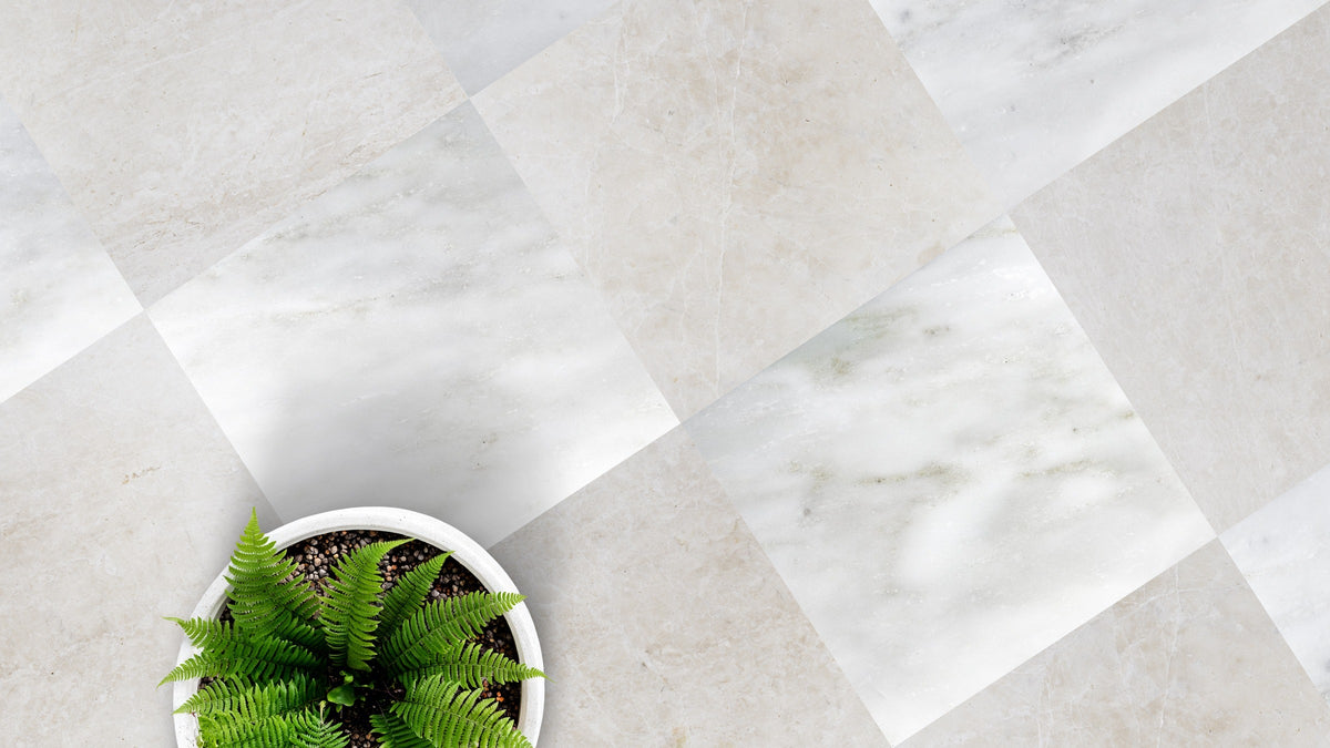 Nsr Oriental White & Botticino Turkish Checkerboard tile in a room setting — available at Surface Group