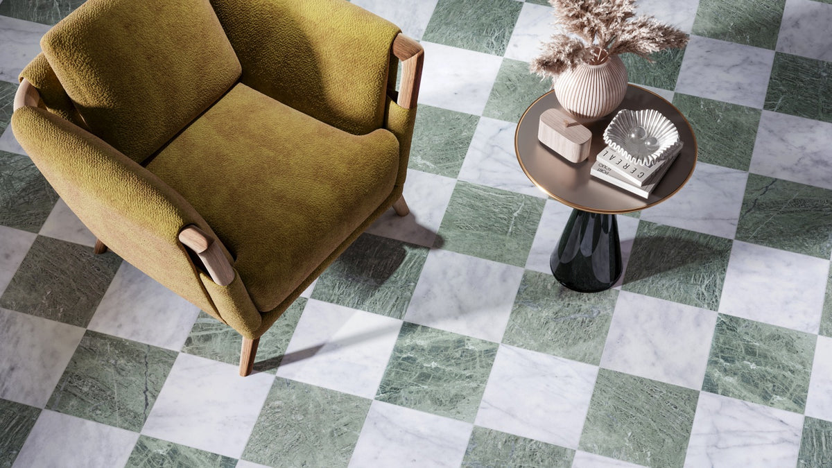 Nsr Oriental White & Empress Green Checkerboard tile in a room setting — available at Surface Group