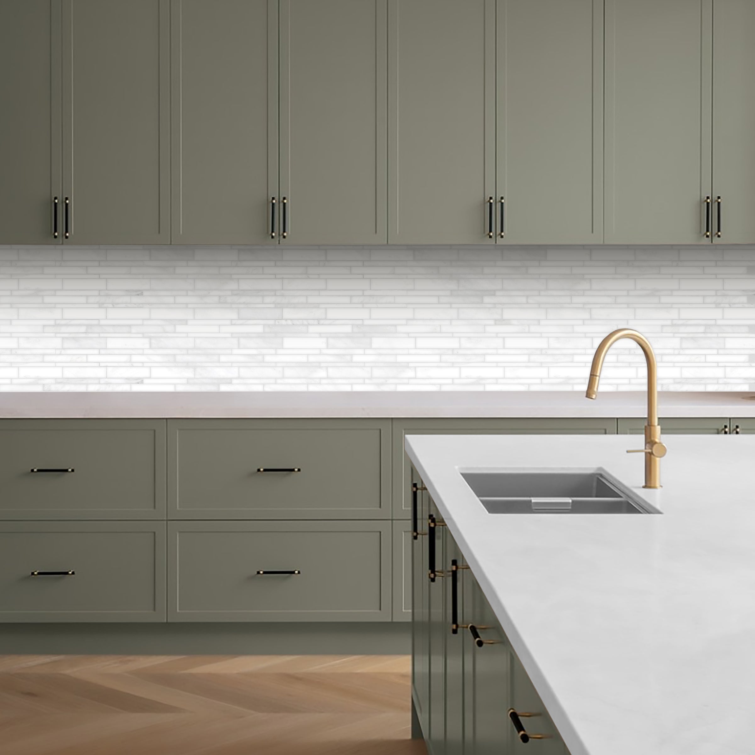ORIENTAL WHITE: Random Strip Mosaic (11 3/8"×11 3/4"×3/8" | honed)