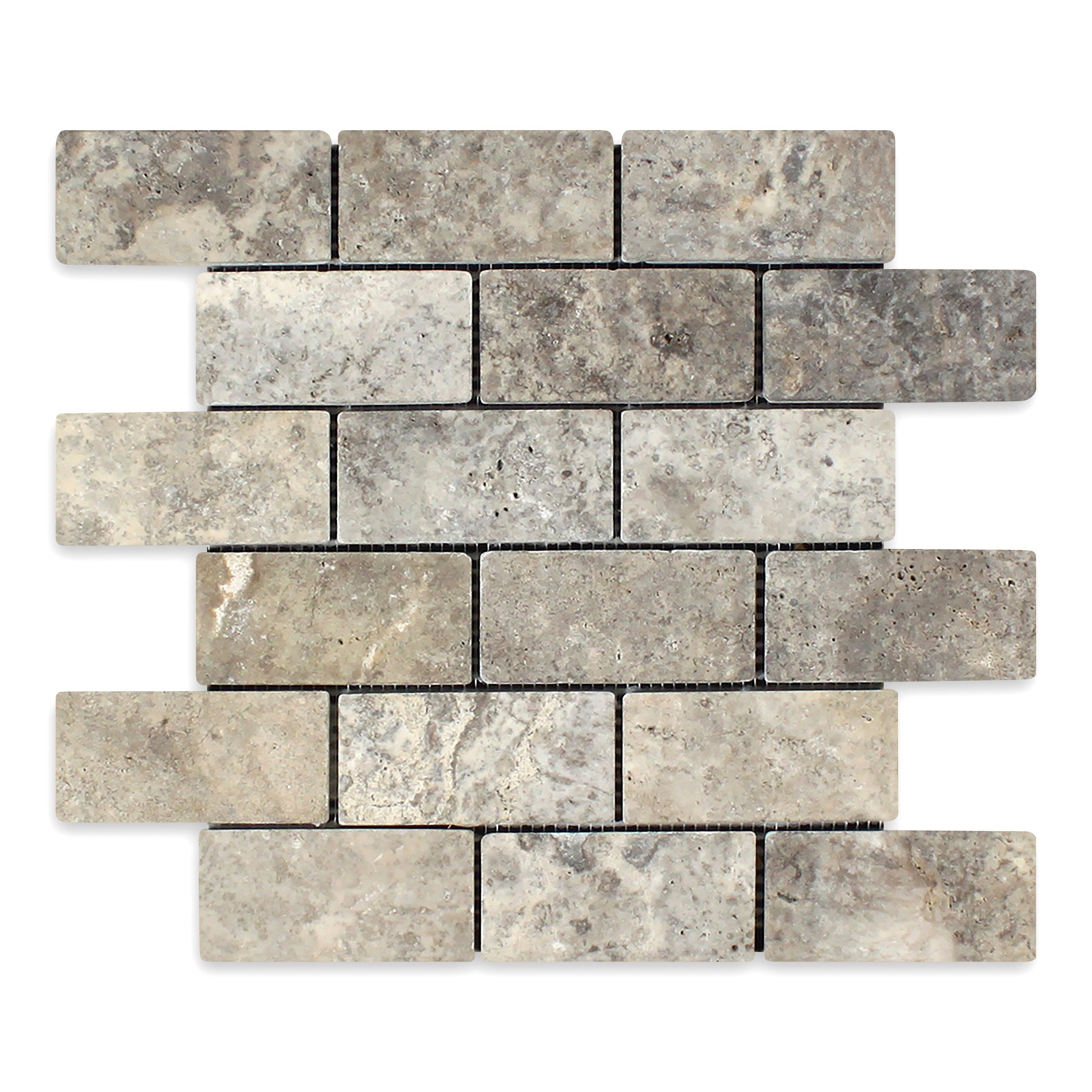 SILVER PREMIUM: 2" x 4" Brick Offset Mosaic (12"×12"×3/8" | tumbled)