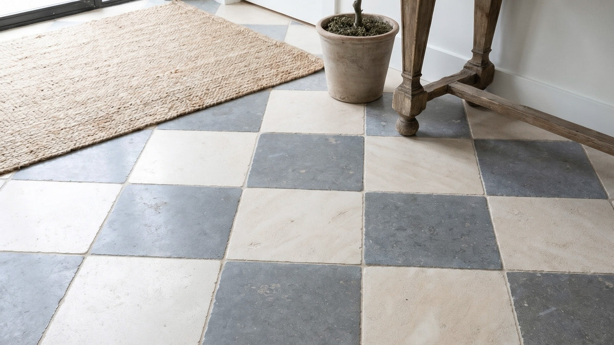 Nsr Solene & Lagos Blue Checkerboard tile pattern swatch — available at Surface Group