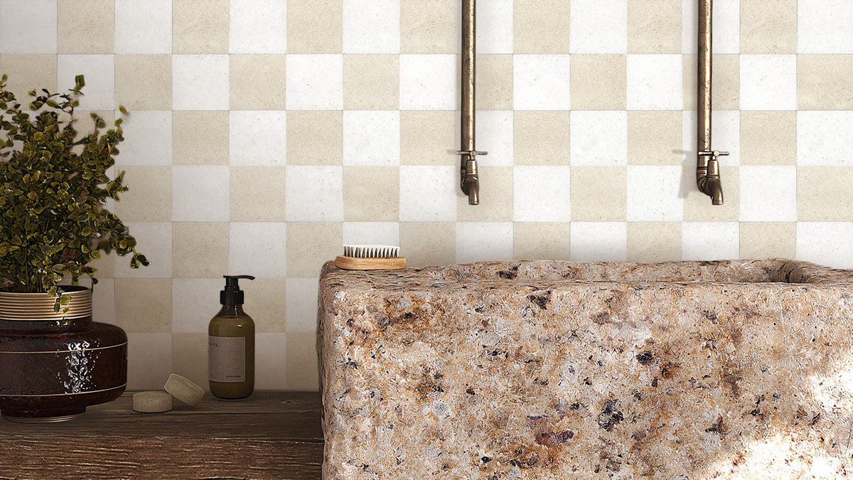 Nsr Solene & Porto Beige Checkerboard tile in a room setting — available at Surface Group