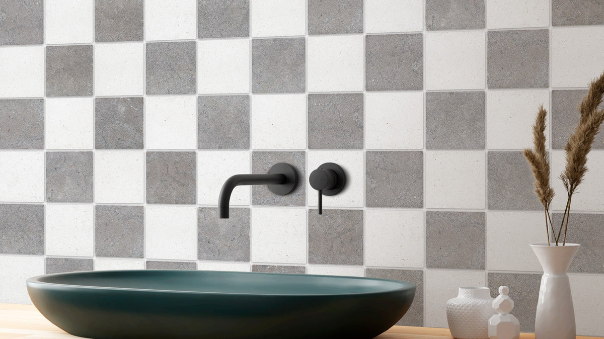 Nsr Solene & Porto Beige Checkerboard tile in a room setting — available at Surface Group