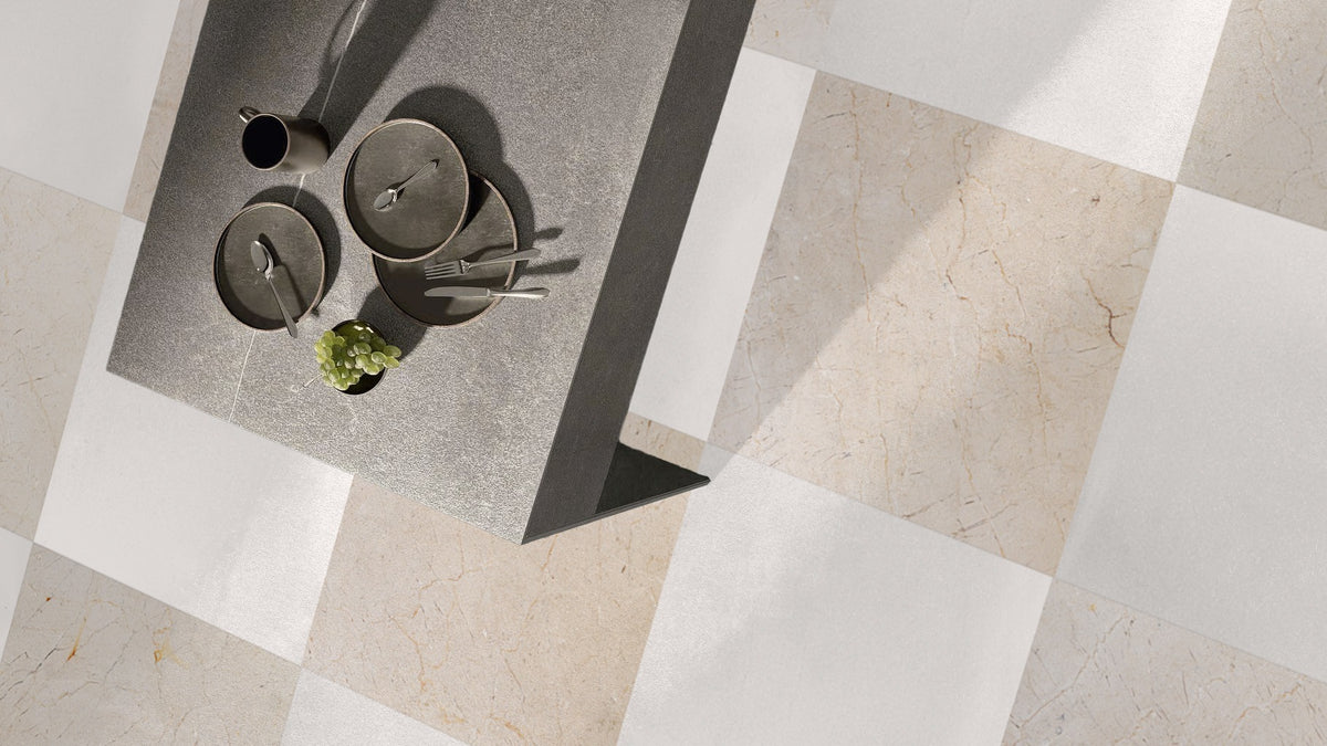 Nsr Thassos White & Crema Marfil Select Checkerboard tile in a room setting — available at Surface Group
