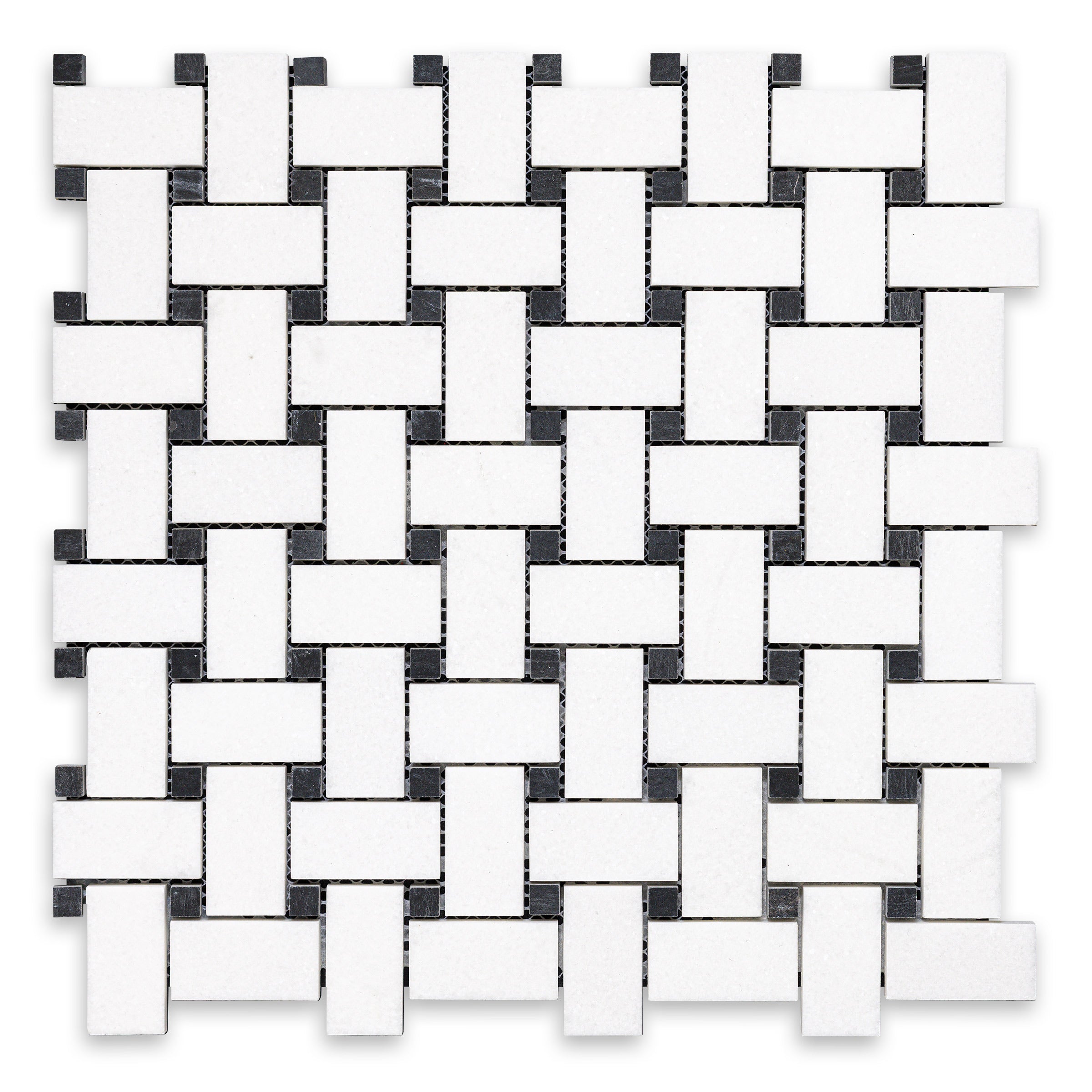 THASSOS WHITE: Black Dot Basketweave Mosaic (12"×12"×3/8" | polished)