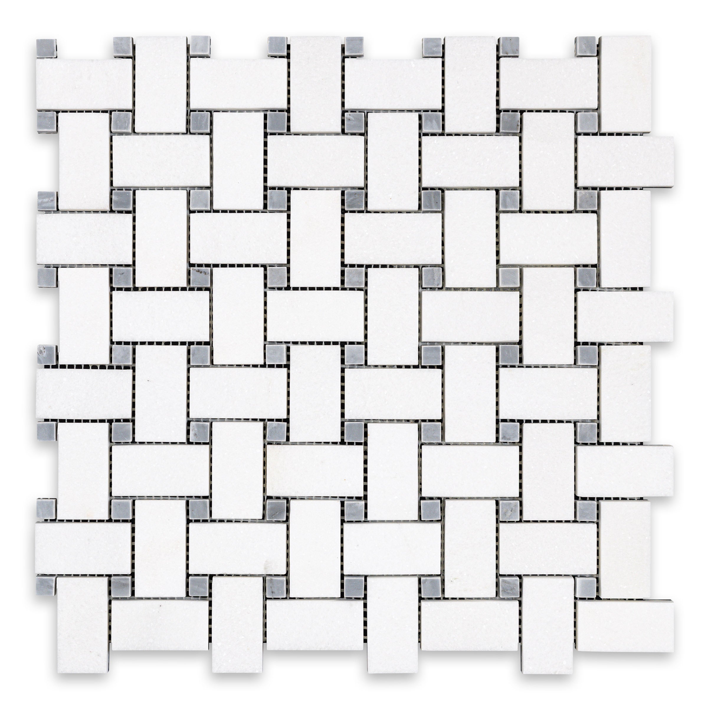 THASSOS WHITE: Blue Dot Basketweave Mosaic (12"×12"×3/8" | polished)