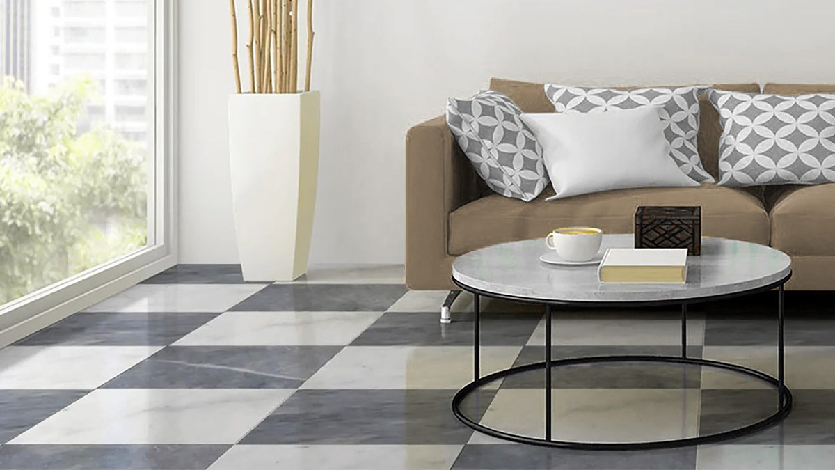 Nsr White Carrara & Bardiglio Imperiale Checkerboard tile in a room setting — available at Surface Group
