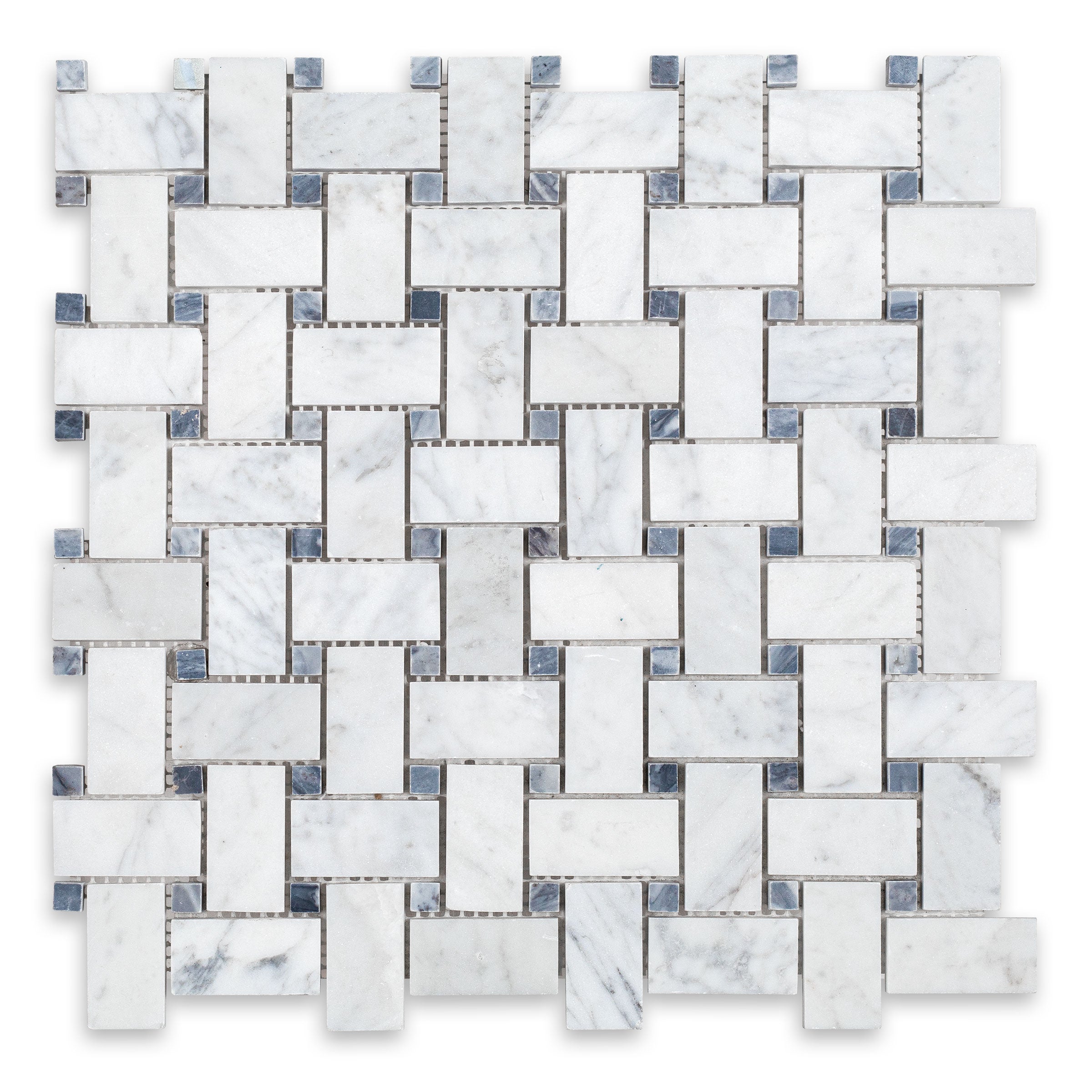 WHITE CARRARA: Blue Dot Basketweave Mosaic (12"×12"×3/8" | honed)