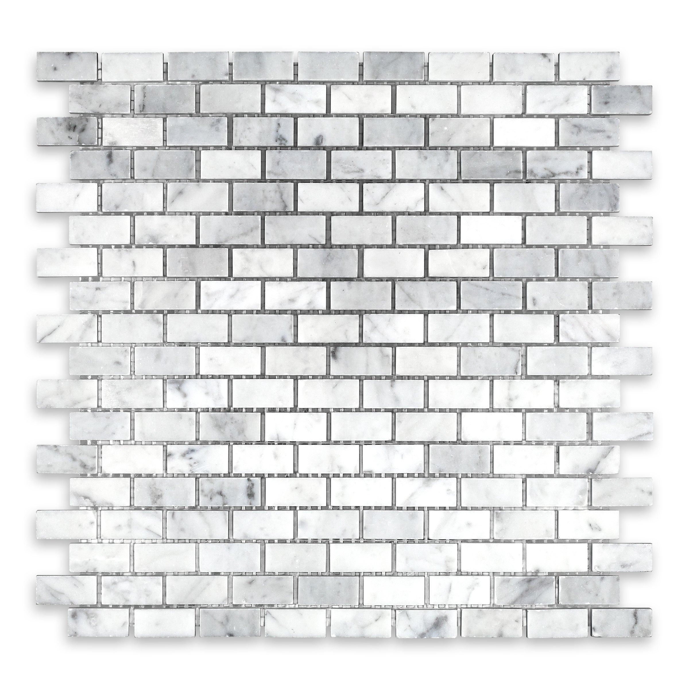 WHITE CARRARA: 5/8" x 1 1/4" Brick Offset Mosaic (12"×12"×3/8" | polished)