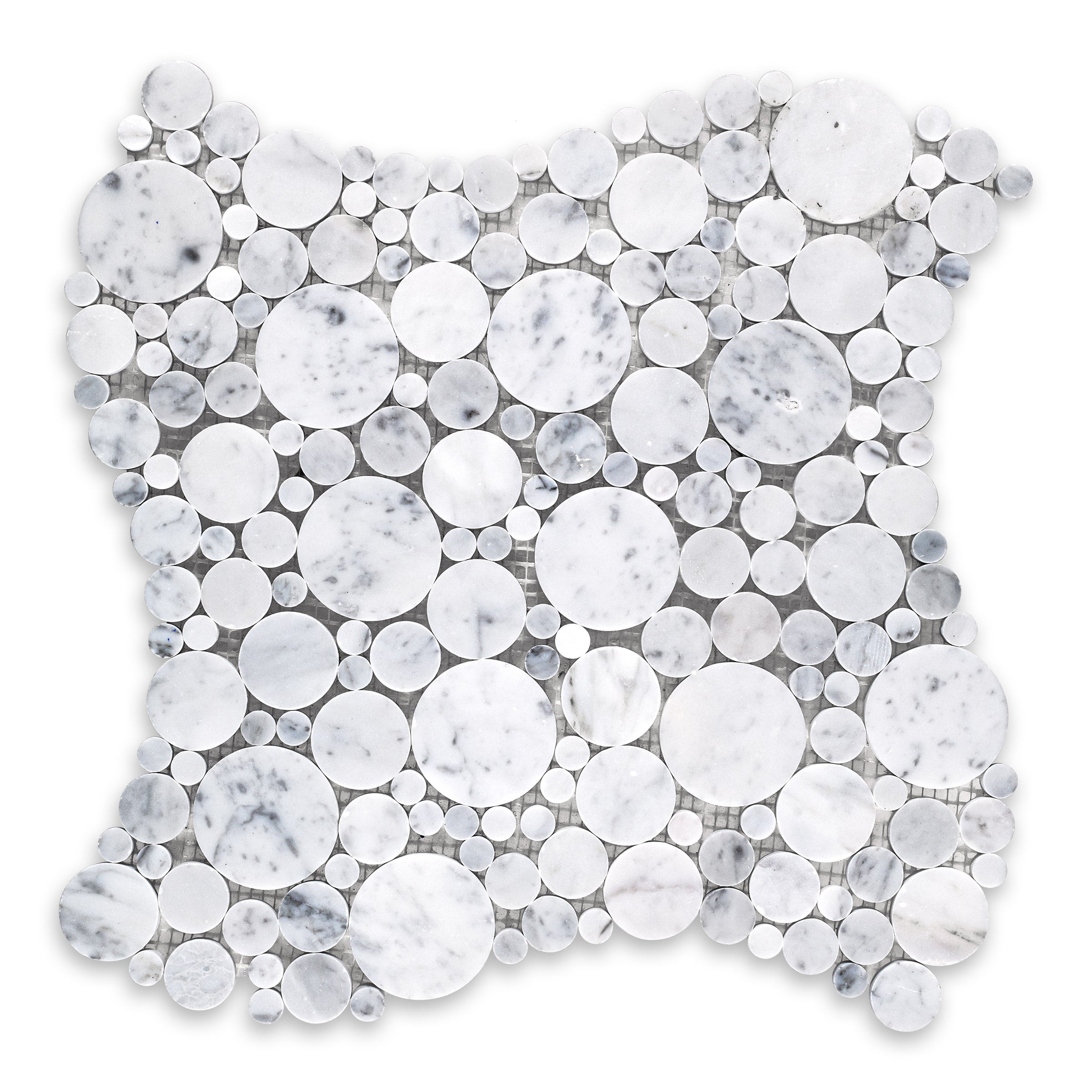 WHITE CARRARA: Bubble Penny Round Mosaic (12"×12"×3/8" | polished)