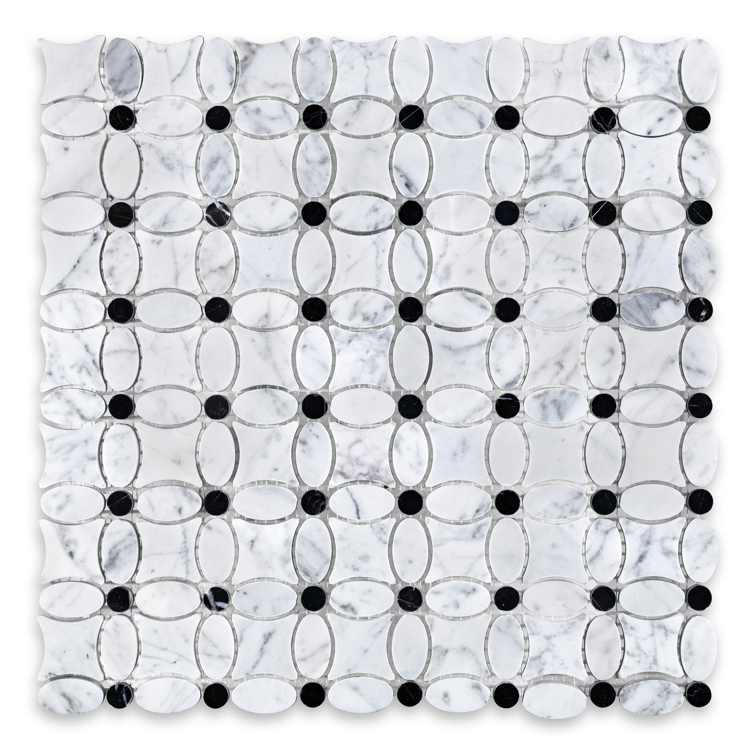 WHITE CARRARA: Black Dot Flower Mosaic (13"×13"×3/8" | polished)
