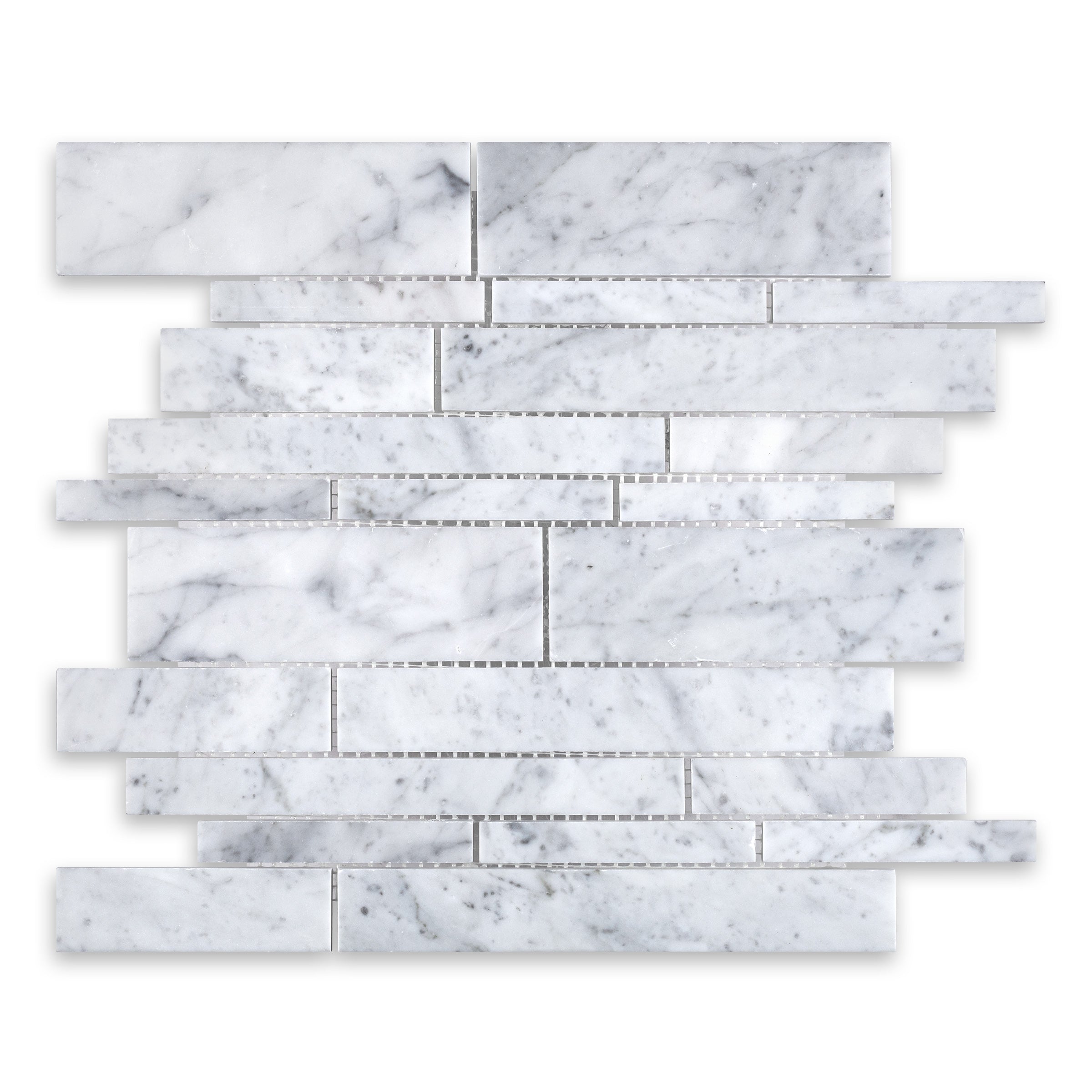WHITE CARRARA: Random Strip Mosaic (11 3/8"×11 3/4"×3/8" | polished)