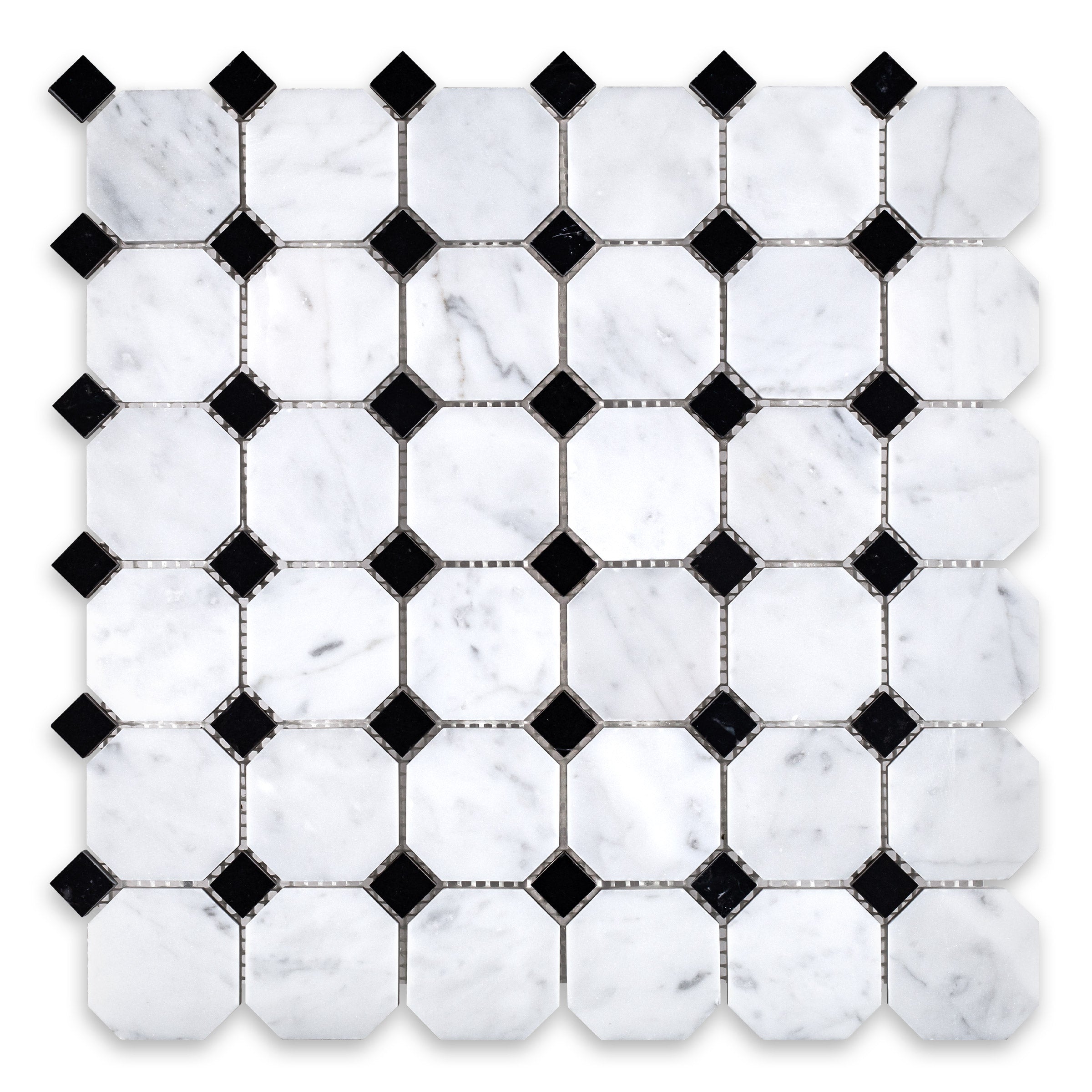 WHITE CARRARA: Black Dot Octagon Mosaic (12"×12"×3/8" | polished)