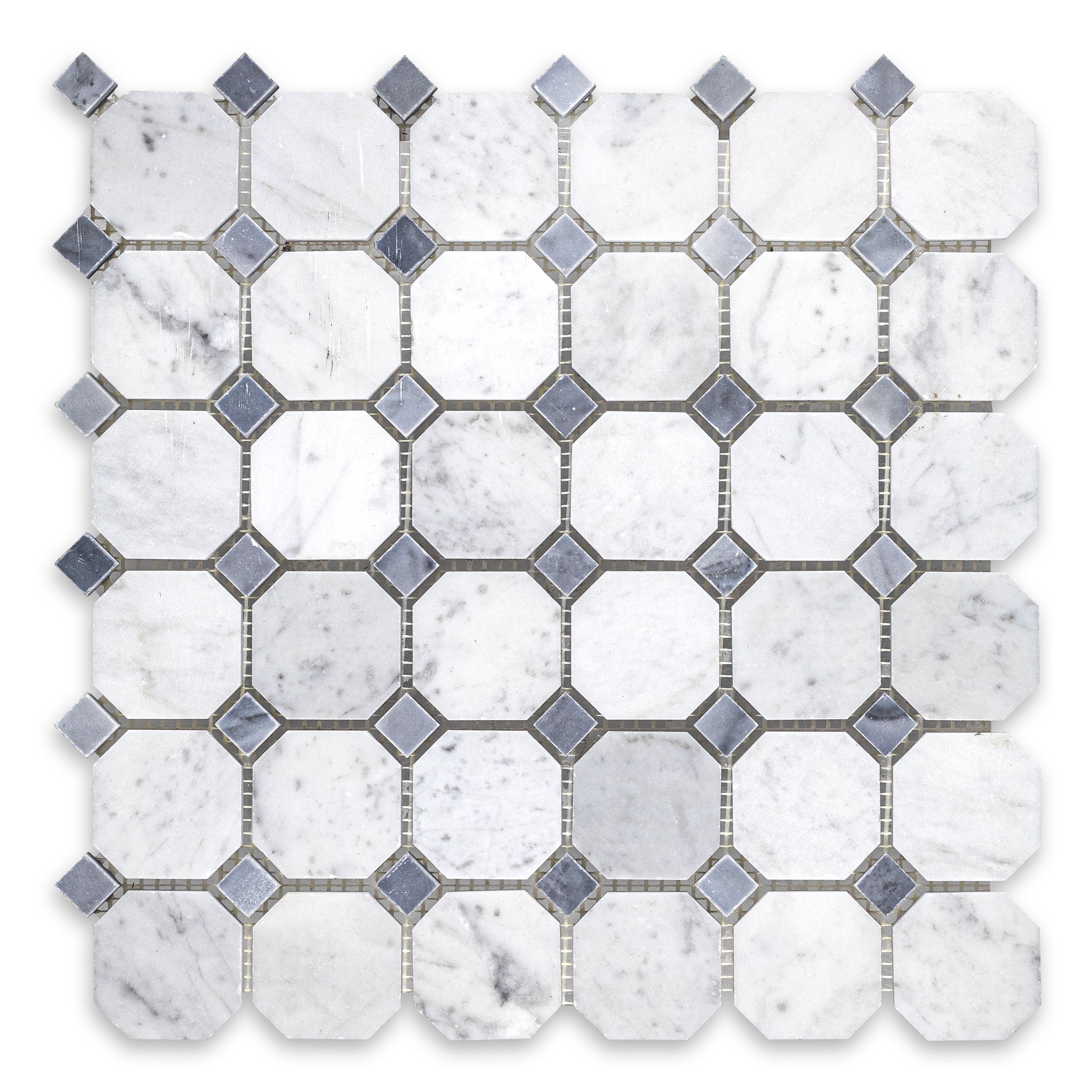 WHITE CARRARA: Blue Dot Octagon Mosaic (12"×12"×3/8" | polished)