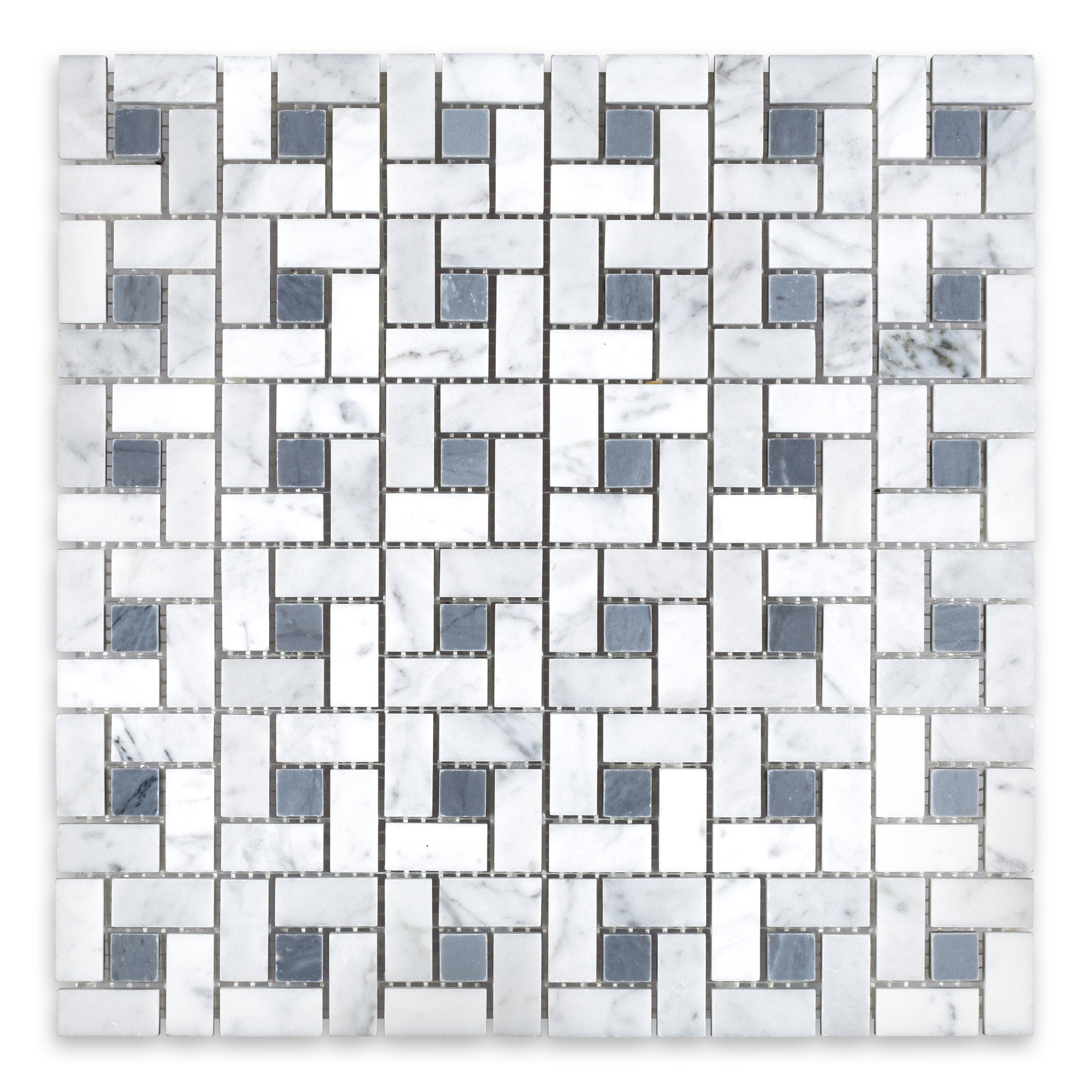 WHITE CARRARA: Blue Dot Pinwheel Mosaic (12"×12"×3/8" | polished)