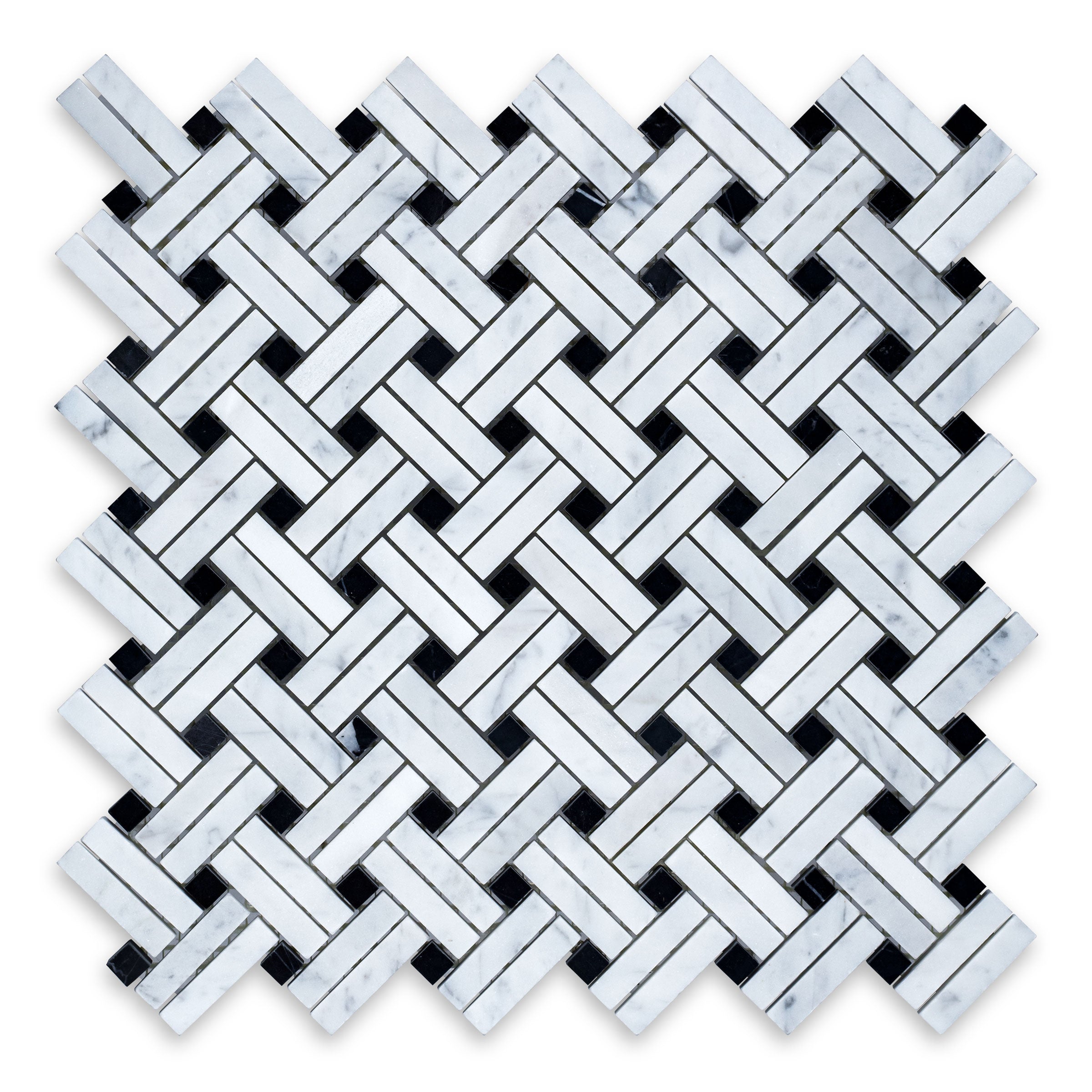 WHITE CARRARA: Stanza Black Dot Basketweave Mosaic (11"×11"×3/8" | honed)