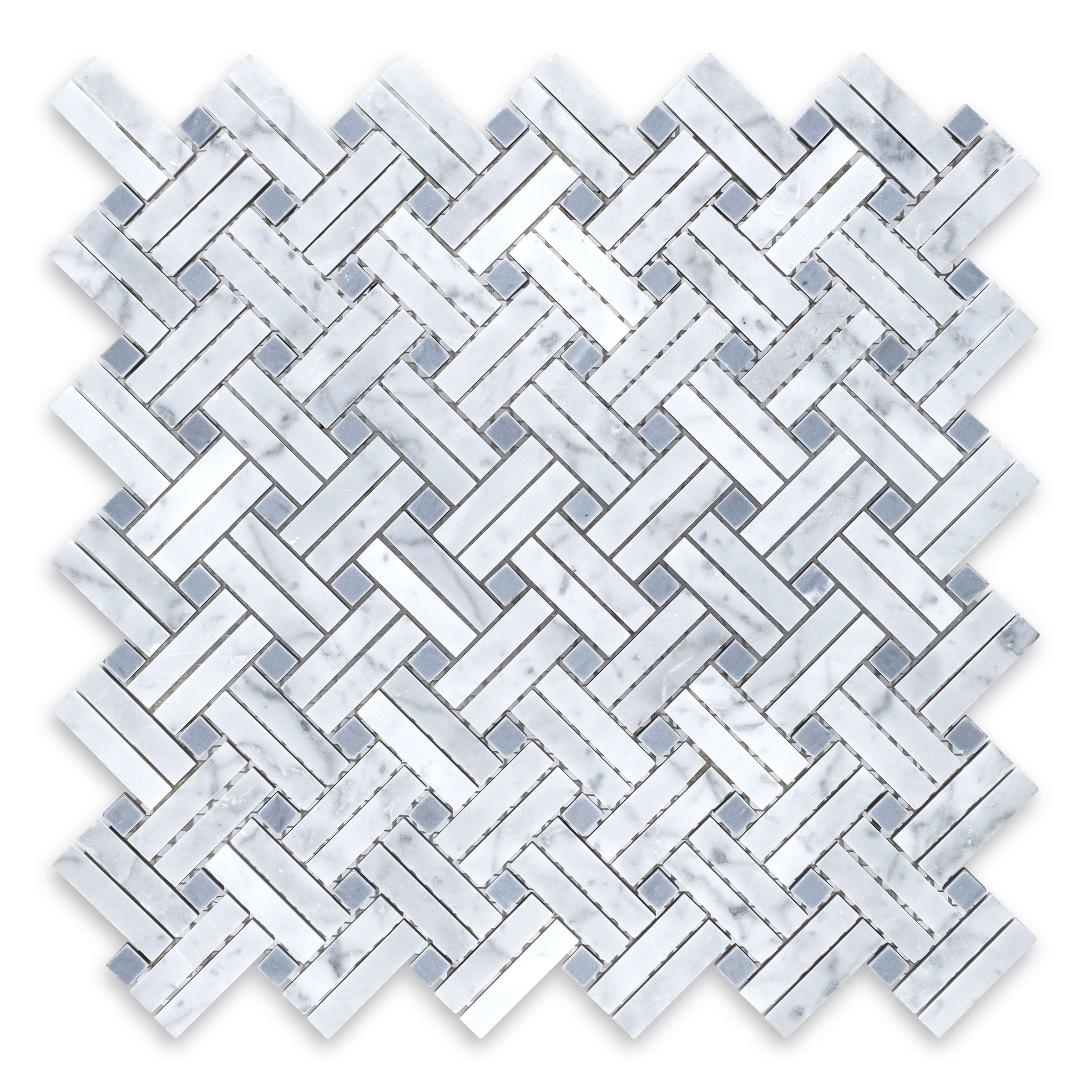 WHITE CARRARA: Stanza Blue Dot Basketweave Mosaic (11"×11"×3/8" | polished)
