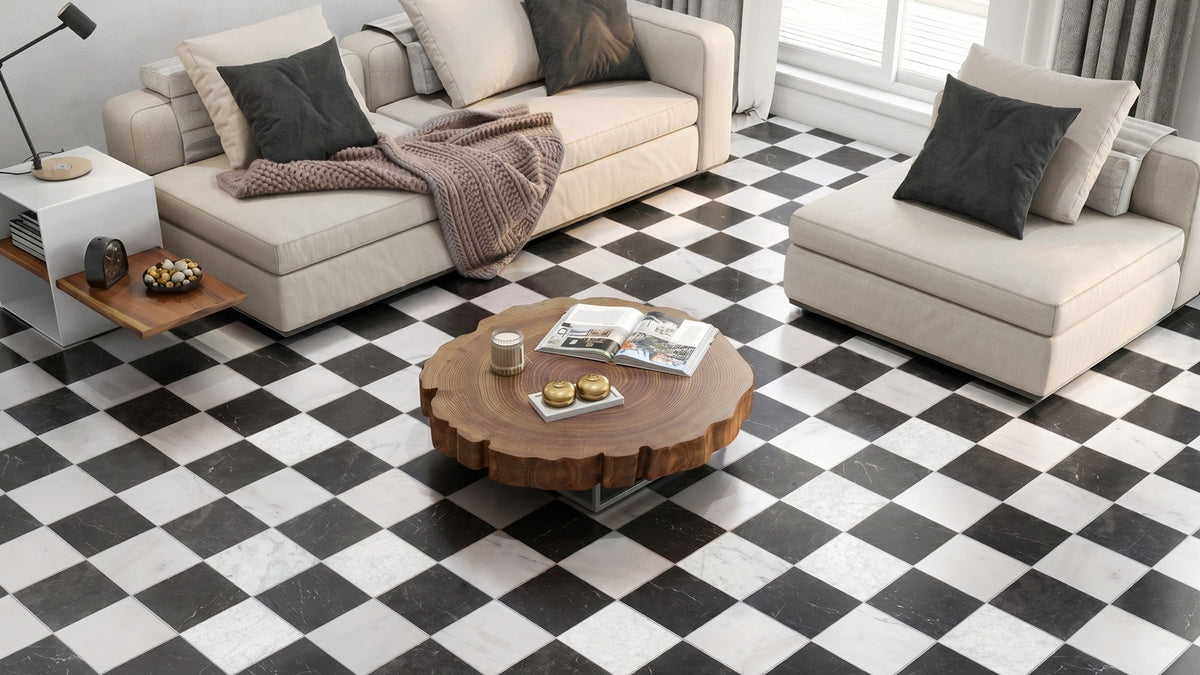 Nsr White Carrara & Negro Marquina Checkerboard tile in a room setting — available at Surface Group