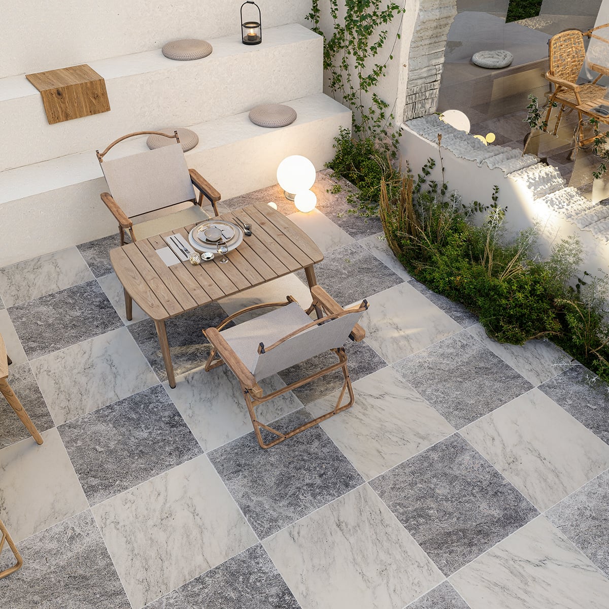 Checkerboard Patterns Multicolor checkerboard tile, lifestyle installation view. Premium marble for floors and walls.