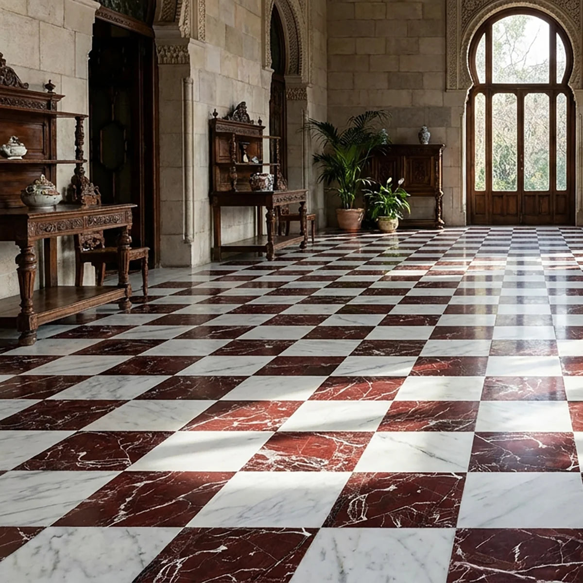 Checkerboard Patterns Multicolor checkerboard tile, product image. Premium marble for floors and walls.