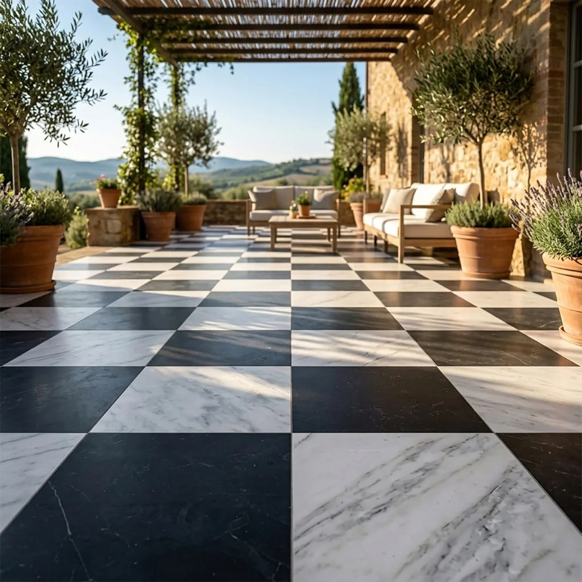 Checkerboard Patterns White checkerboard tile, product image. Premium marble for floors and walls.