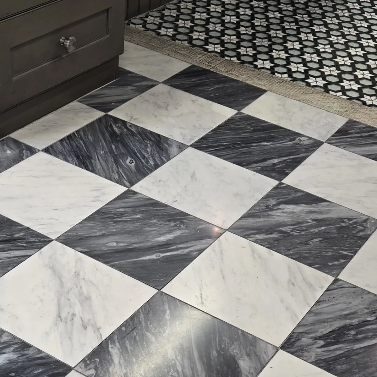 Checkerboard Patterns White checkerboard tile, product image. Premium marble for floors and walls.