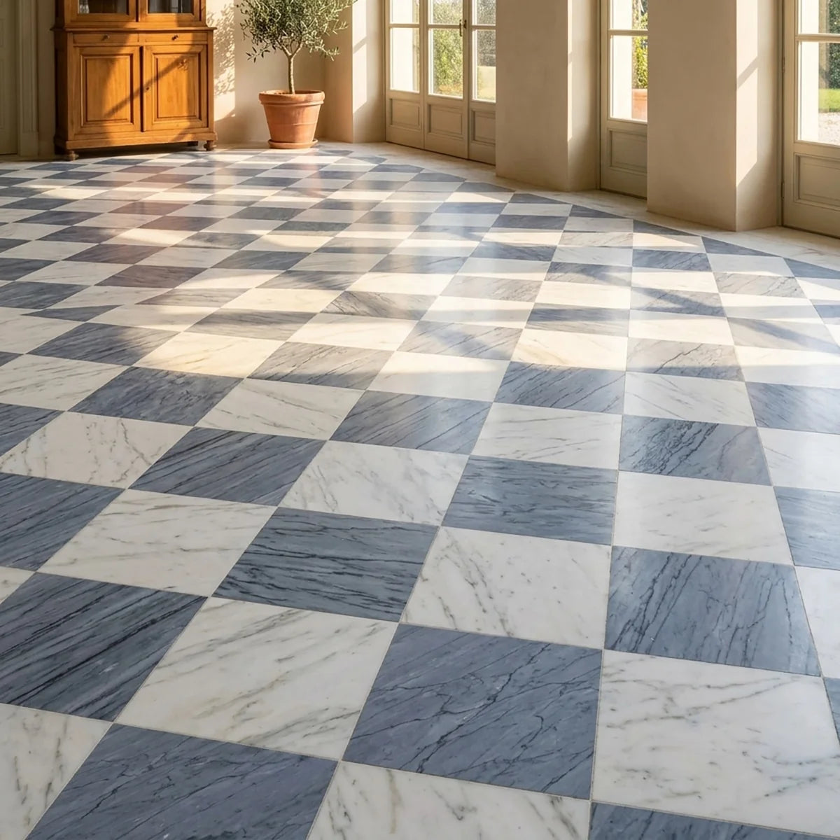 Checkerboard Patterns White checkerboard tile, product image. Premium marble for floors and walls.