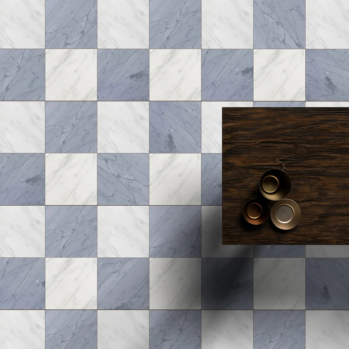 Checkerboard Patterns White checkerboard tile, product image. Premium marble for floors and walls.