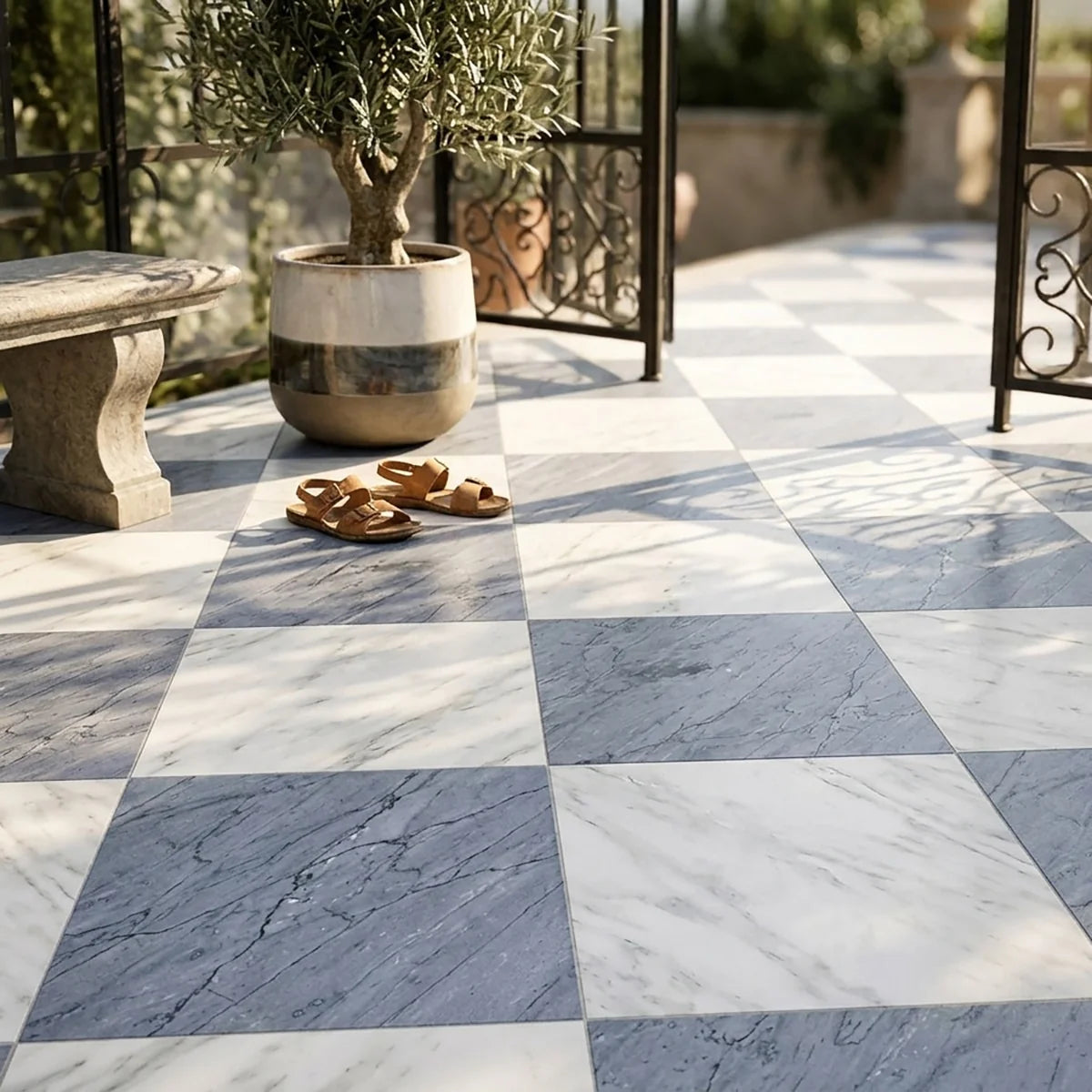Checkerboard Patterns White checkerboard tile, product image. Premium marble for floors and walls.