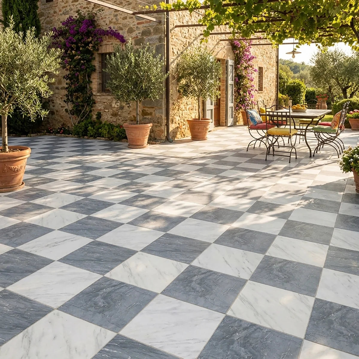 Checkerboard Patterns White checkerboard tile, product image. Premium marble for floors and walls.