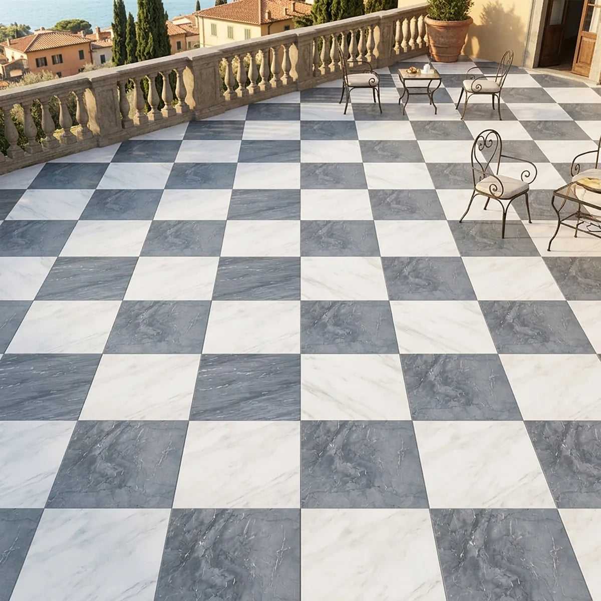 Checkerboard Patterns White checkerboard tile, product image. Premium marble for floors and walls.