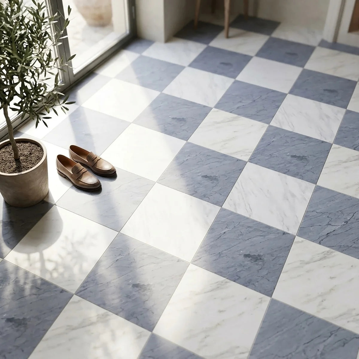 Checkerboard Patterns White checkerboard tile, product image. Premium marble for floors and walls.