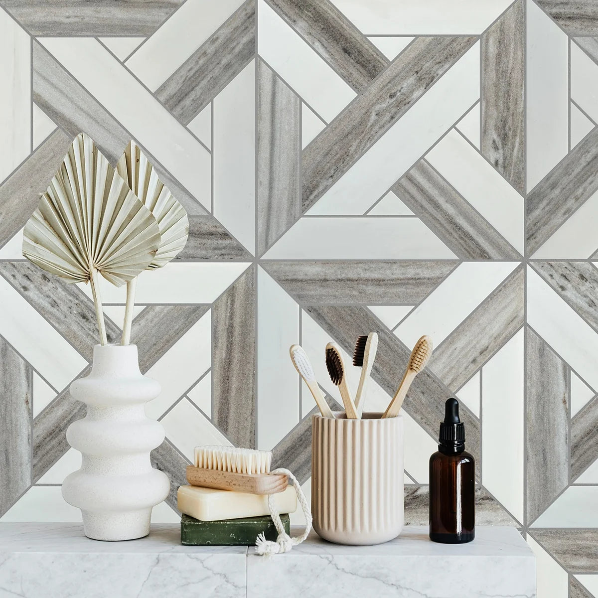 Bianco Dolomite Honed Marble White mosaic, lifestyle installation view. Premium dolomite for floors and walls.