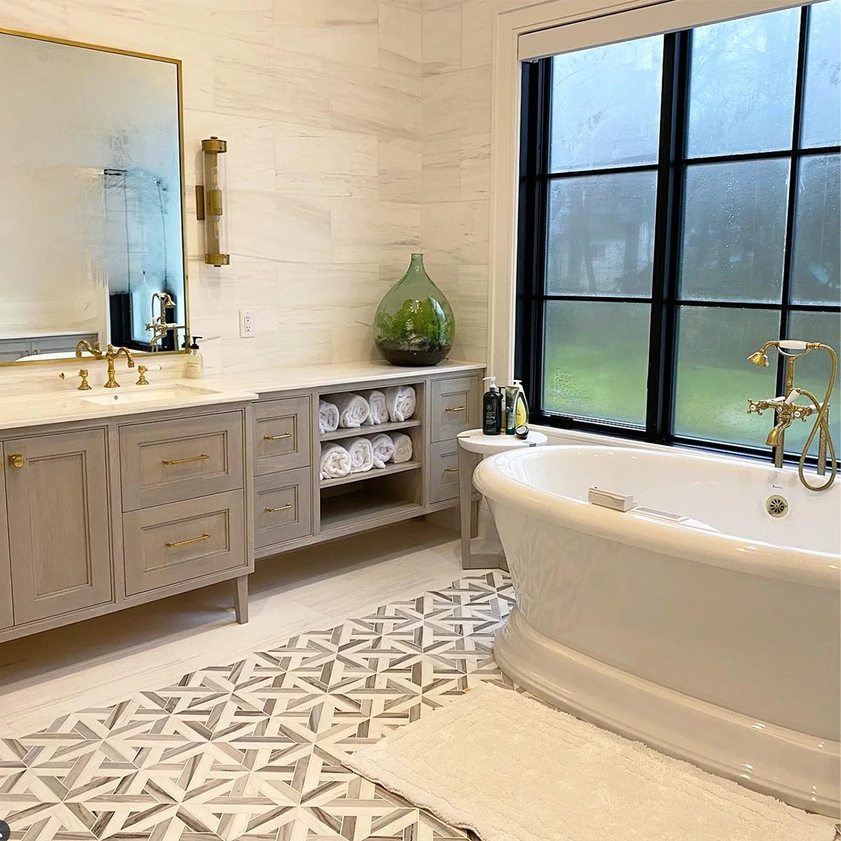 Bianco Dolomite Honed Marble White mosaic, lifestyle installation view. Premium dolomite for floors and walls.