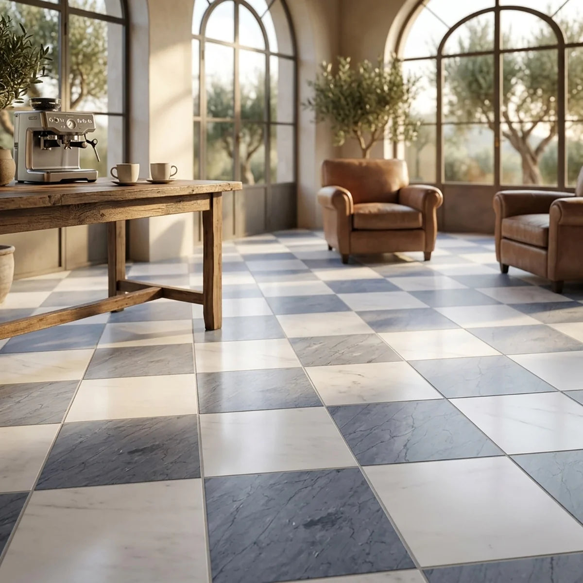 Checkerboard Patterns Multicolor checkerboard tile, product image. Premium dolomite for floors and walls.