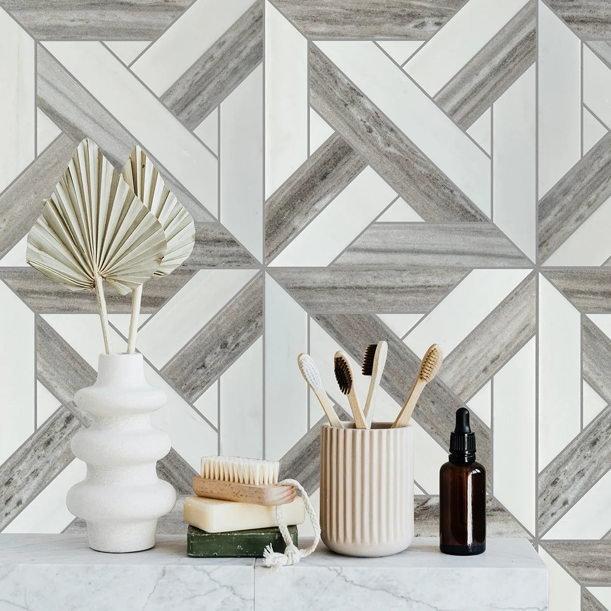 Bianco Dolomite Polished Marble White mosaic, lifestyle installation view. Premium dolomite for floors and walls.